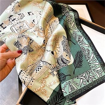 Amazon.co.jp: スカーフ 白と濃い緑のシルクスカーフ女性の