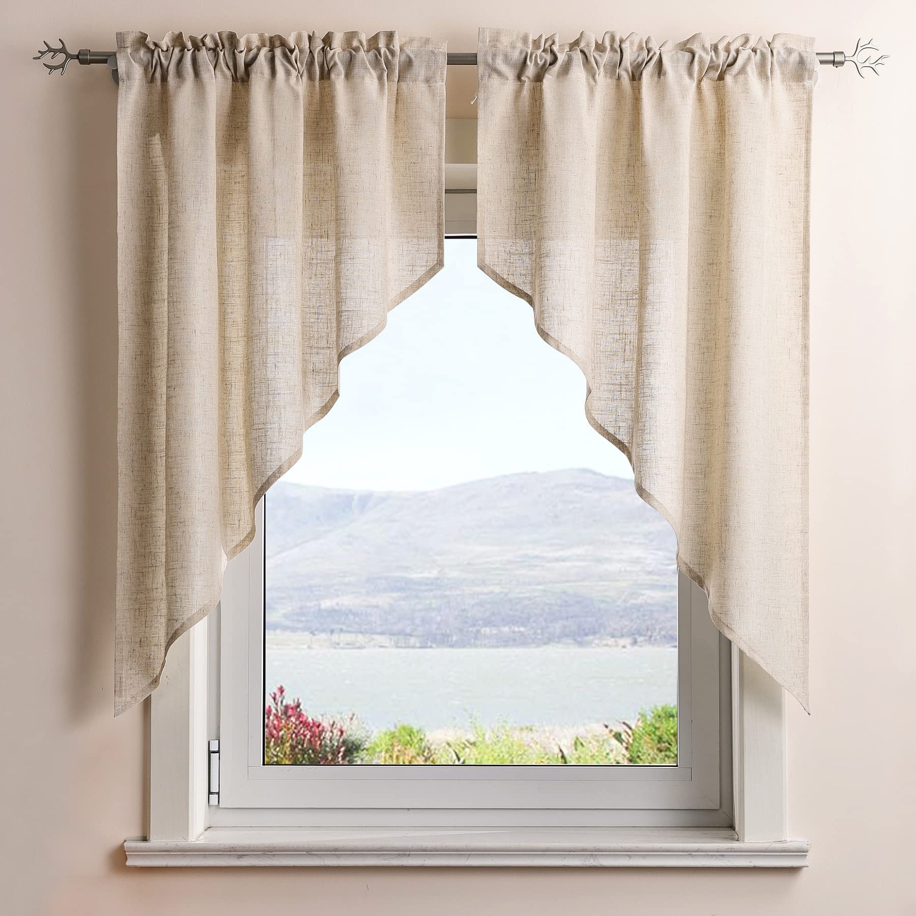Scheibengardine mit Tunnelzug 2 Stück Kleinfenster Gardinen Küche Set Bistrogardinen Leinen Stores Fenstergardine Landhaus Kariert BxH 120x125cm Sand