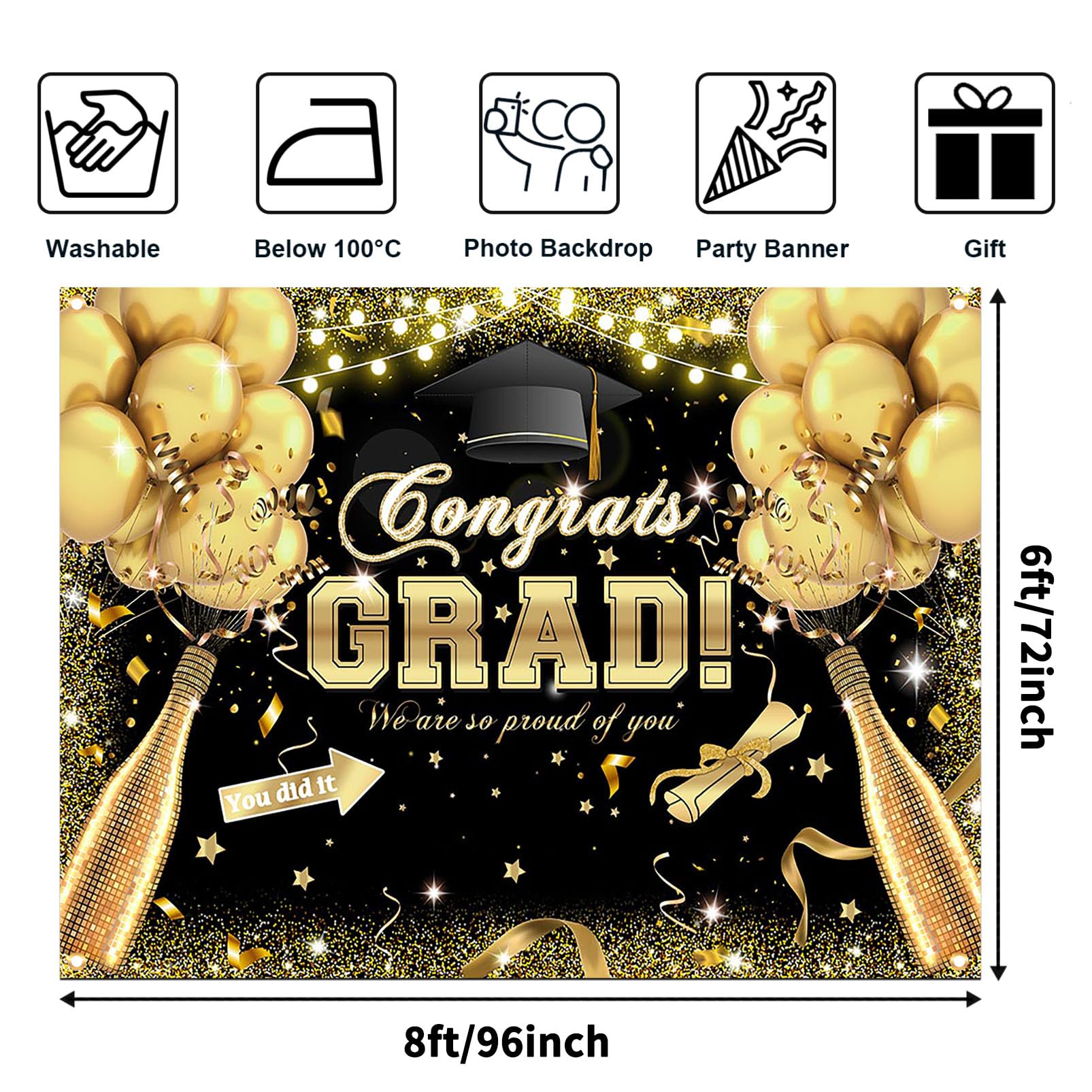 Avezano Congrats Grad Backdrop for Class of 2024 Congratulate Graduation Party Decorations Photography Background Grad Celebration Prom Party Photoshoot Supplies (8x6ft, Black)