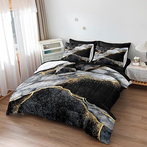Miniatura 10 de Merryword Juego de edredón de mármol blanco y negro de 8 piezas, ropa de cama en una bolsa, ropa de cama con diseño de mármol metálico dorado con 1