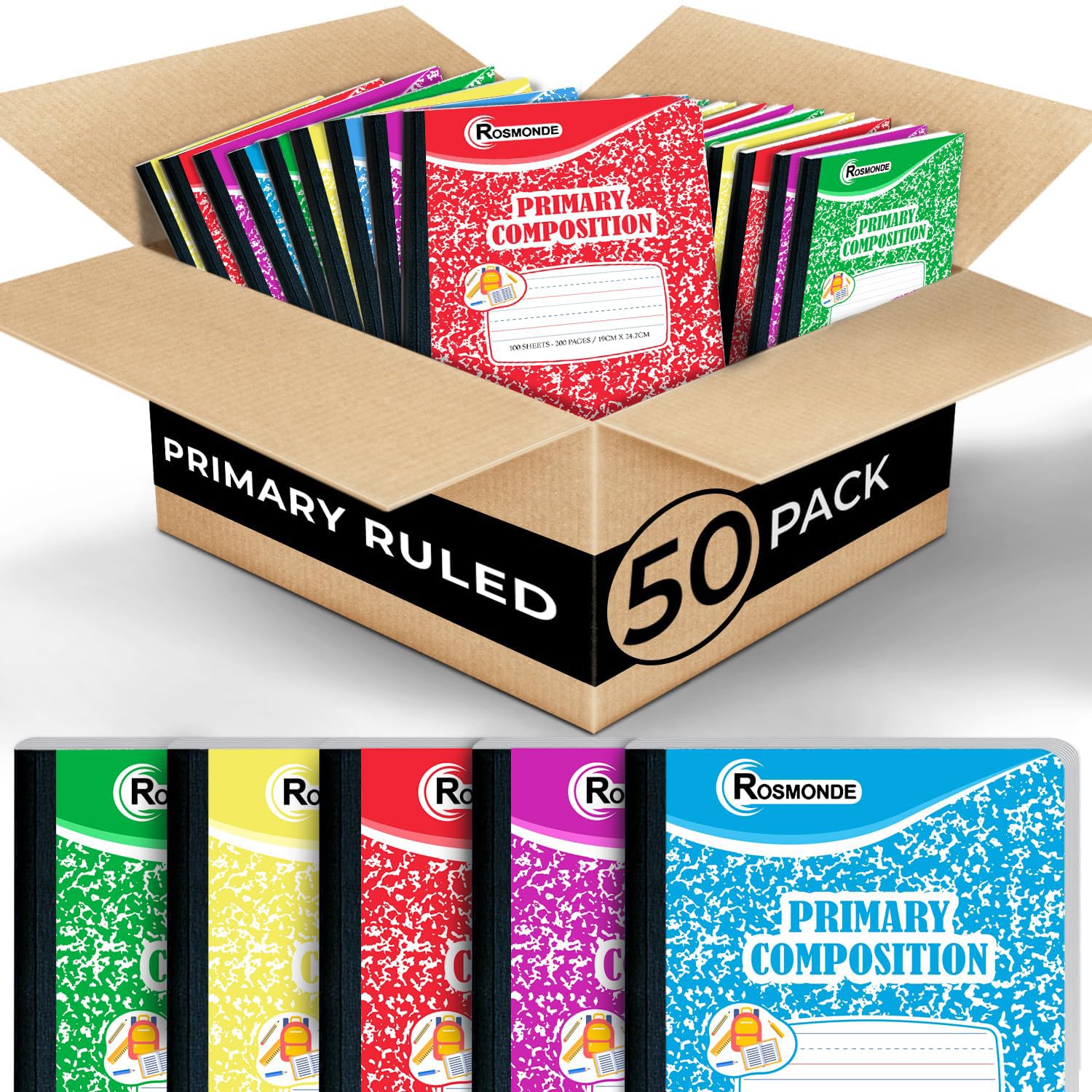 Composition Notebooks Primary Ruled 50 Pack, 200 Pages (100 Sheets), Color Marble Composition Notebook, Grades K-2, Primary Composition Notebook for Kids, Writing Dotted Lined