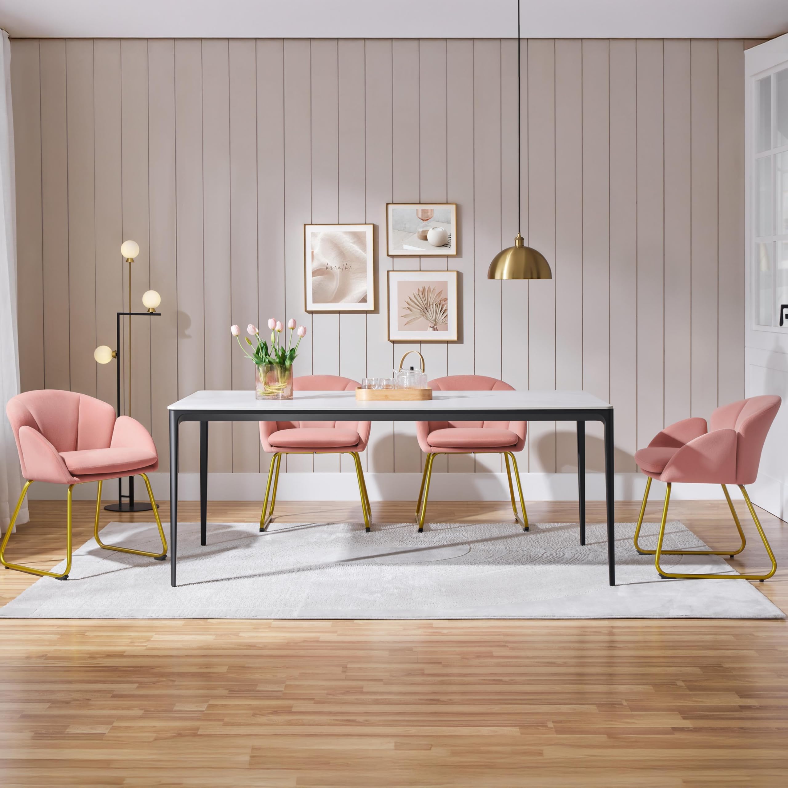 Abician Chaise de Salle à Manger en Velours Chaise Cuisine Fauteuil de Salon avec Pieds en Métal Doré Fauteuil d’appoint avec Accoudoirs pour Salle à Manger Salon Chambre Cuisine Bureau Rose