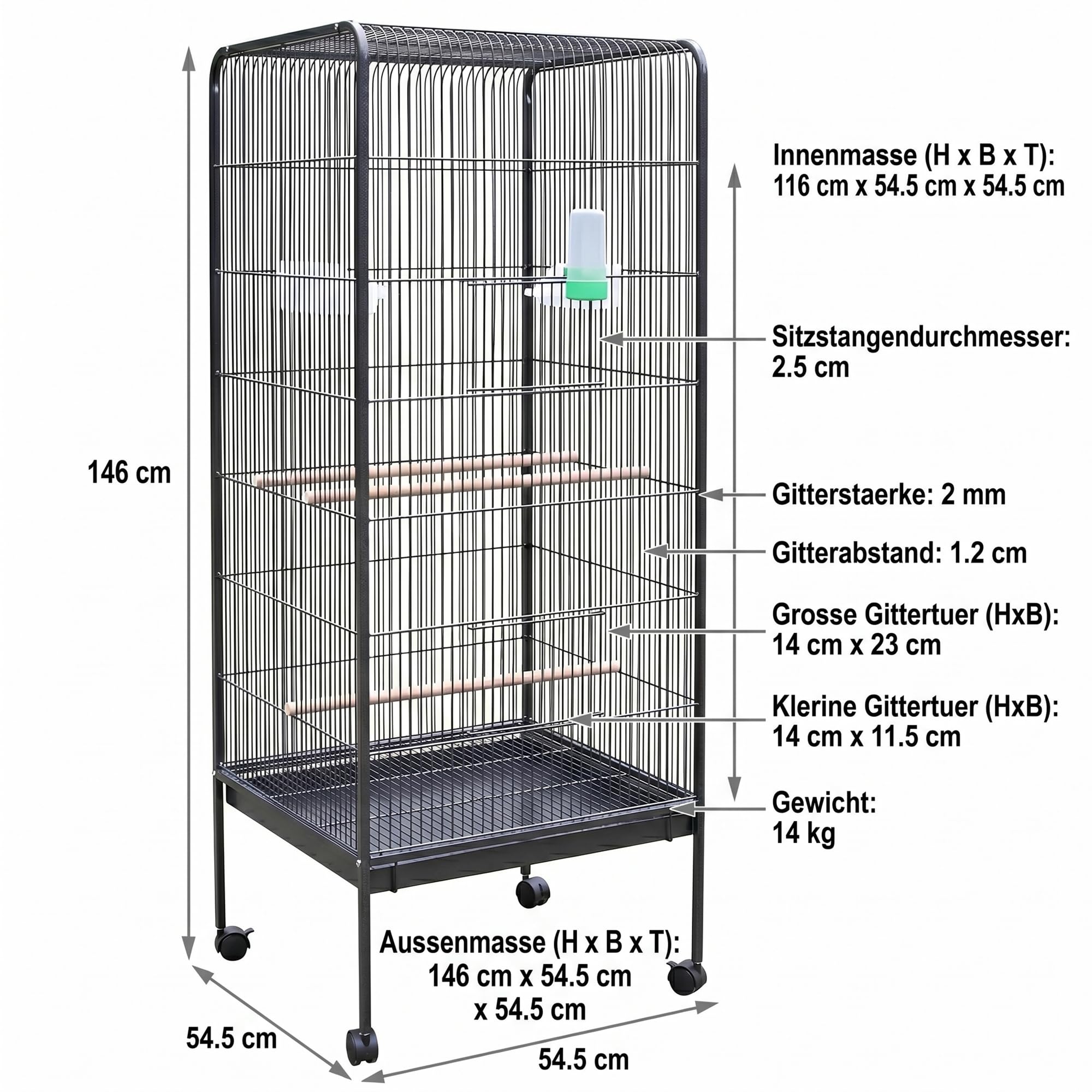 Mucola Vogelvoliere 146x54,5x54,5 cm pulverbeschichtetes Eisen Anthrazit | Vogelkäfig Vogelbauer Voliere groß mit herausnehmbarer Bodenwanne | Wellensittichkäfig Papageienkäfig Vogelhaus Gitter