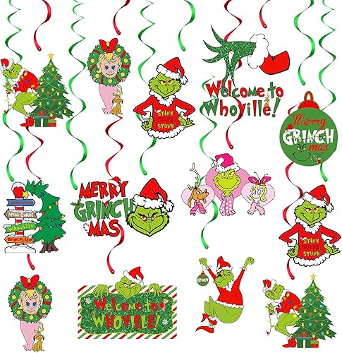 Grinch - Remolinos colgantes Grinch Whoville decoraciones de Navidad serpentinas colgantes de techo de Navidad Grinch Whoville suministros de fiesta