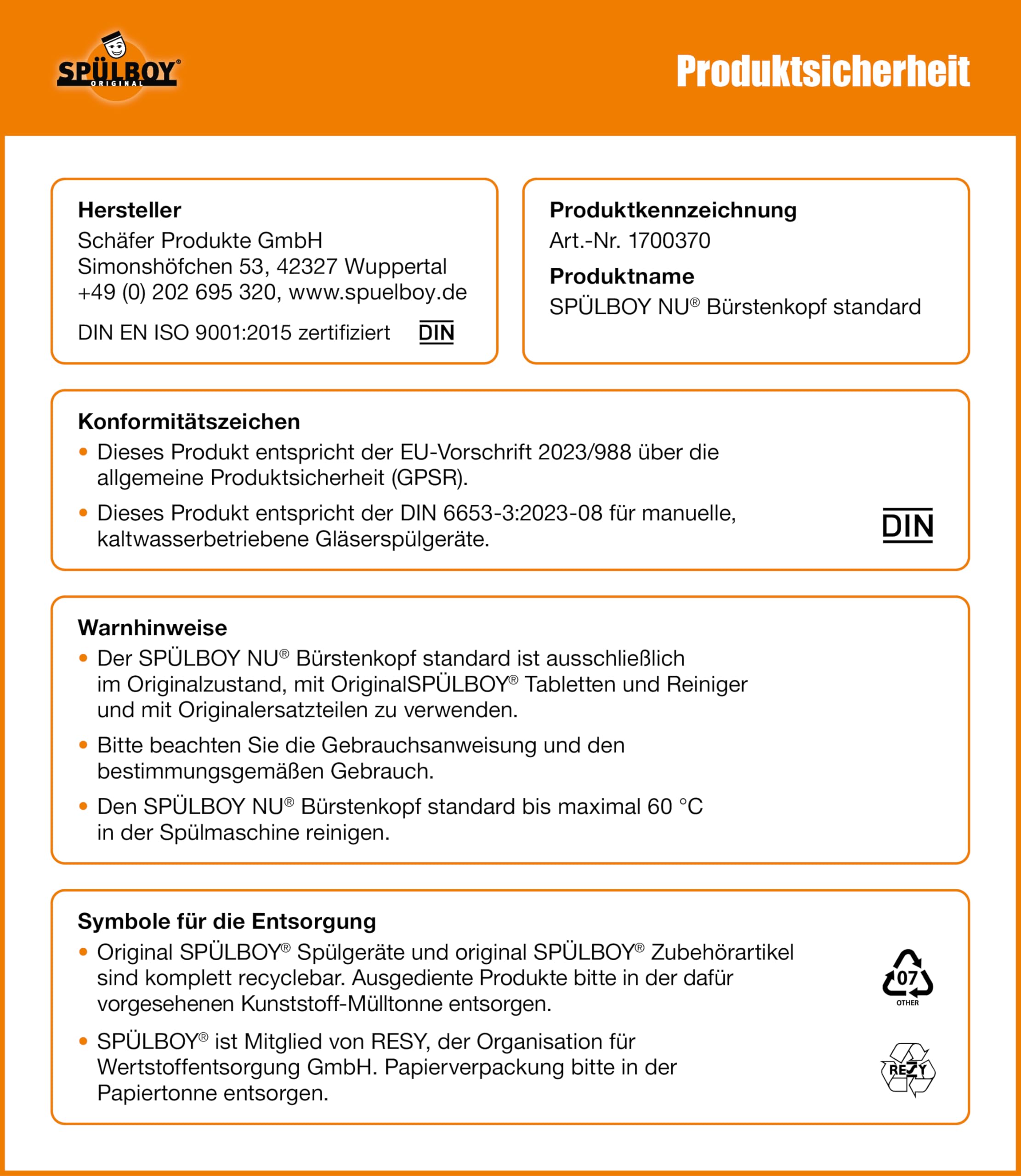 SPÜLBOY® Gläserspüler Bürstenkopf Standard für alle Mittelbürsten mit Wechselkopf. Classic und NU® Line