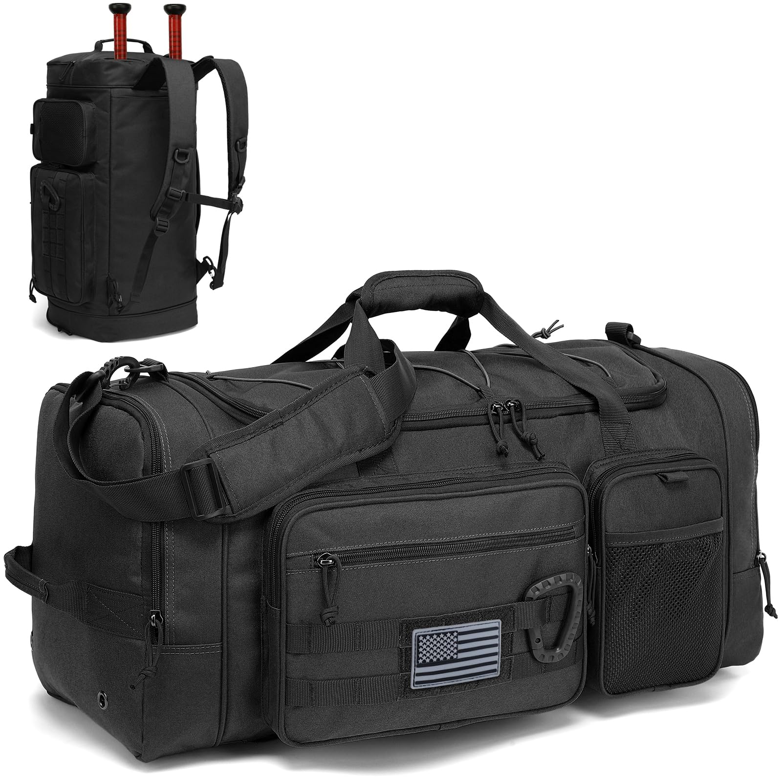 TUGUAN Large Baseball Softball Duffle Bag, 3 in 1 Baseball Equipment Duffel Backpack for Adult Youth, 65L Bat Bag with Shoes Compartment - 2 Bat Sleeves Fence Hook Hidden Dual Straps