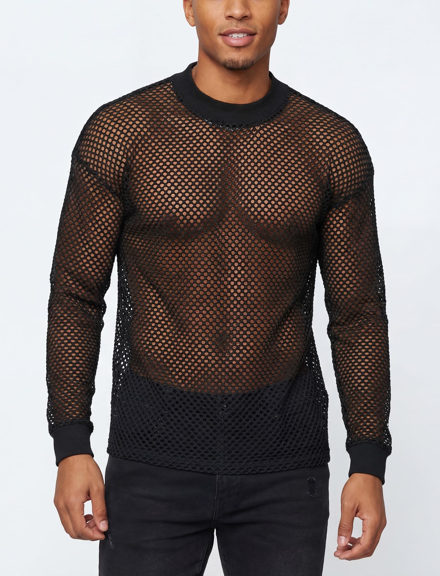 FEOYA Camicie da uomo in rete trasparente trasparente per feste in discoteca casual