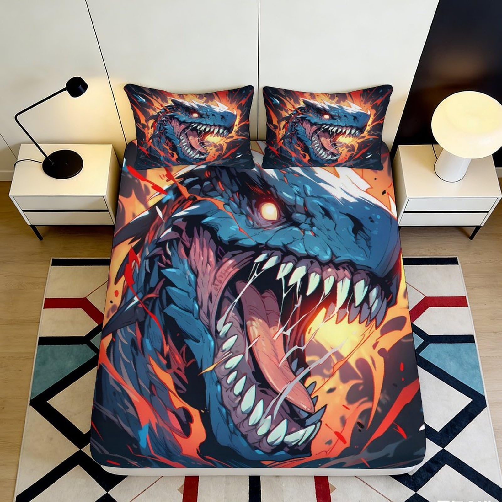 3D Printed Blue Fire Dinosaur Fitted Sheet Microfiber Soft Anti-Slip Volcano Mattress Cover for Bedroom Dorm Easy Wash Decor 90x200x25cm