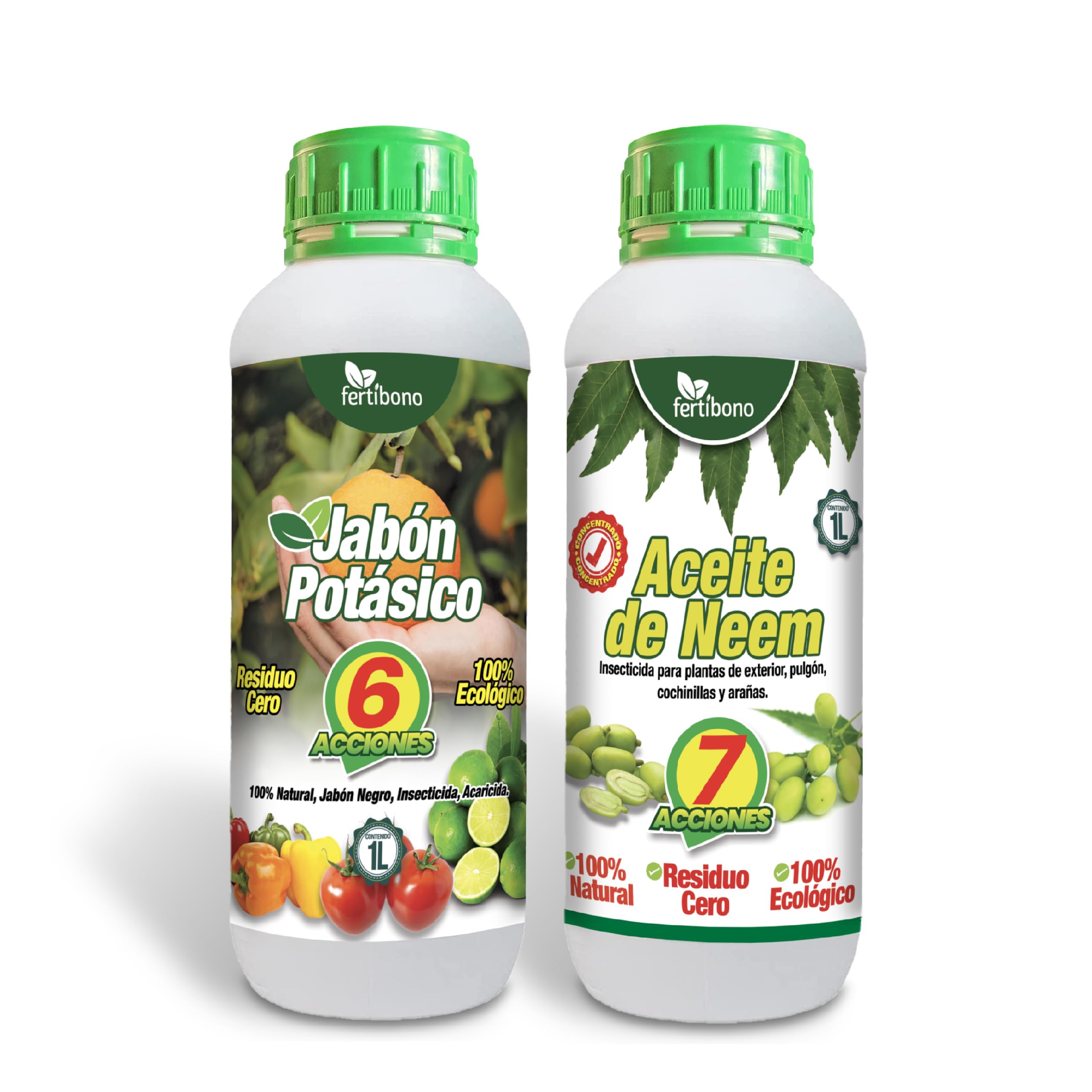 FERTIBONO Jabón Potásico y Aceite de Neem, 100% Naturales para Control de Plagas y Enfermedades en Plantas – Máxima Concentración y Máxima Efectividad (Pack 1L +1L) (2FBA)