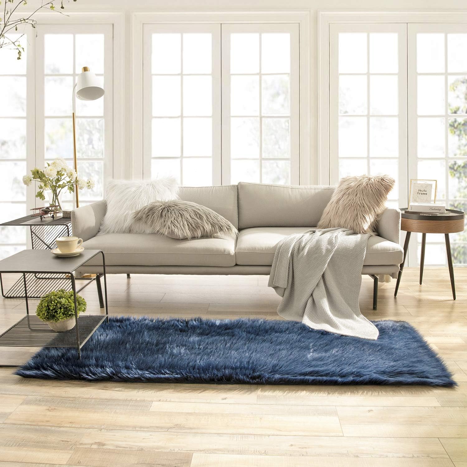 Ashler Faux Fur Rug, Fluffy Shaggy Area Rug, Ultra Soft 2.2 x 6 Feet Rectangle, Navy Blue Fuzzy Machine Washable Shag, Nursery Decor Throw for Bedroom, Kids Room, Living Room
