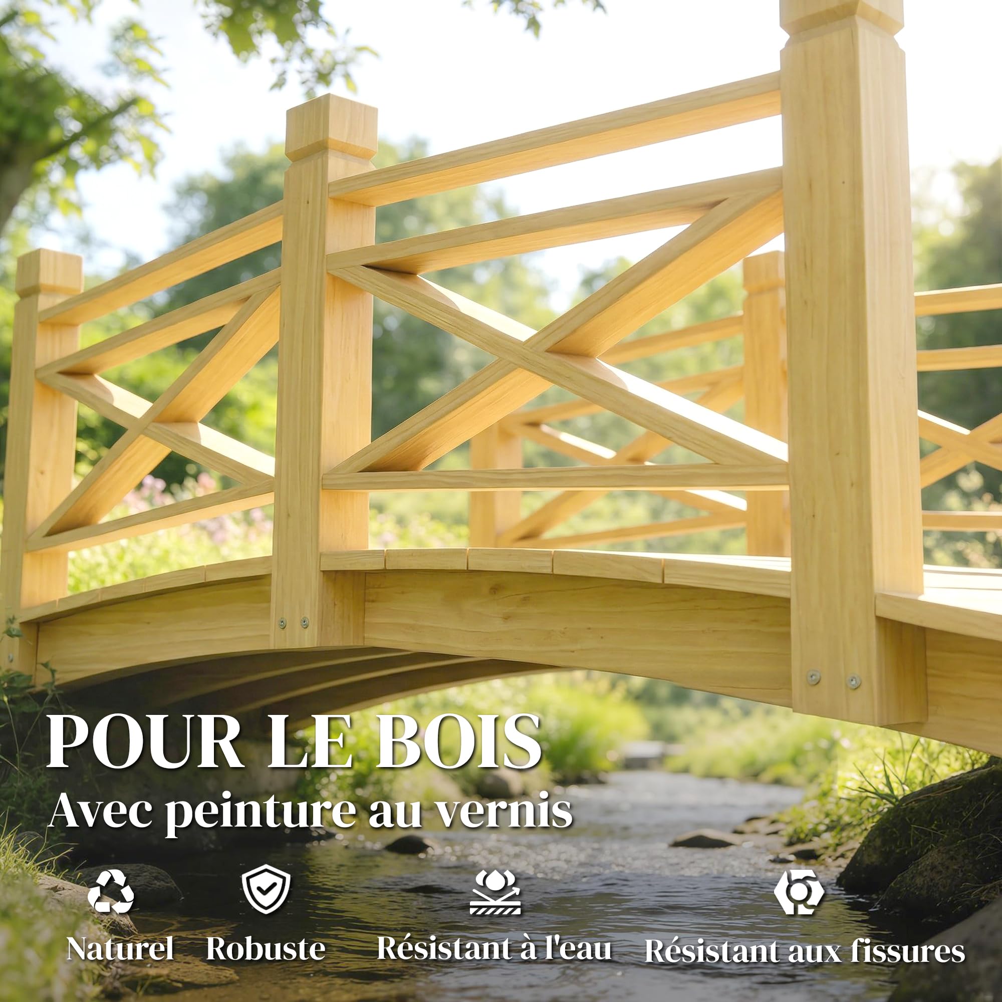 Outsunny Pont de Jardin en Bois Carbonisé Arqué 1,74m - Passerelle avec Main Courante Sécurisée et Charge 200kg - Décoration Extérieure Traitée et Résistante, Naturel