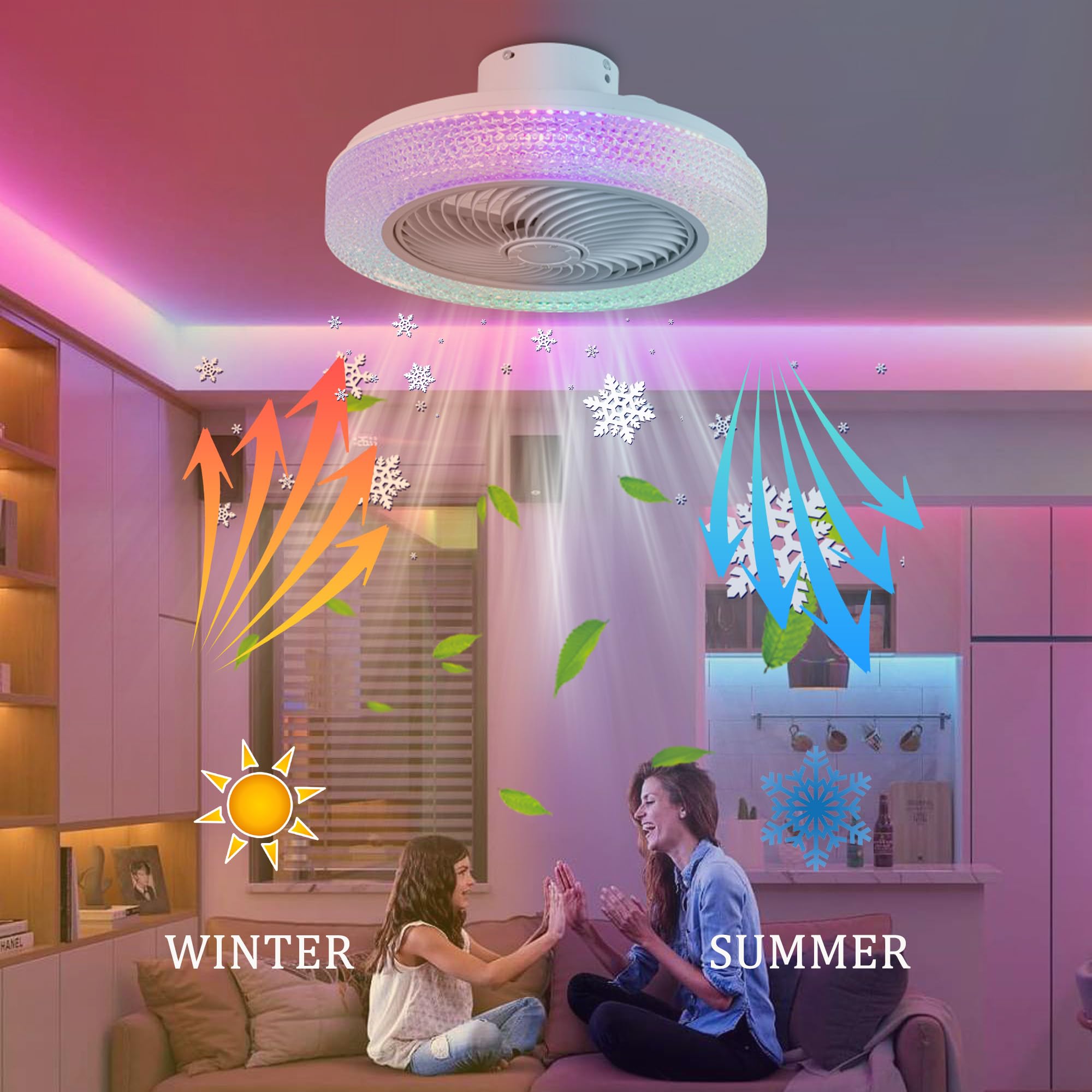 Ventilatore da soffitto bianco con altoparlante Bluetooth e luce integrata, senza pale, con luce LED a colori variabili, piccolo, moderno e lucido, da incasso per camera da letto, con timer e 6 veloc