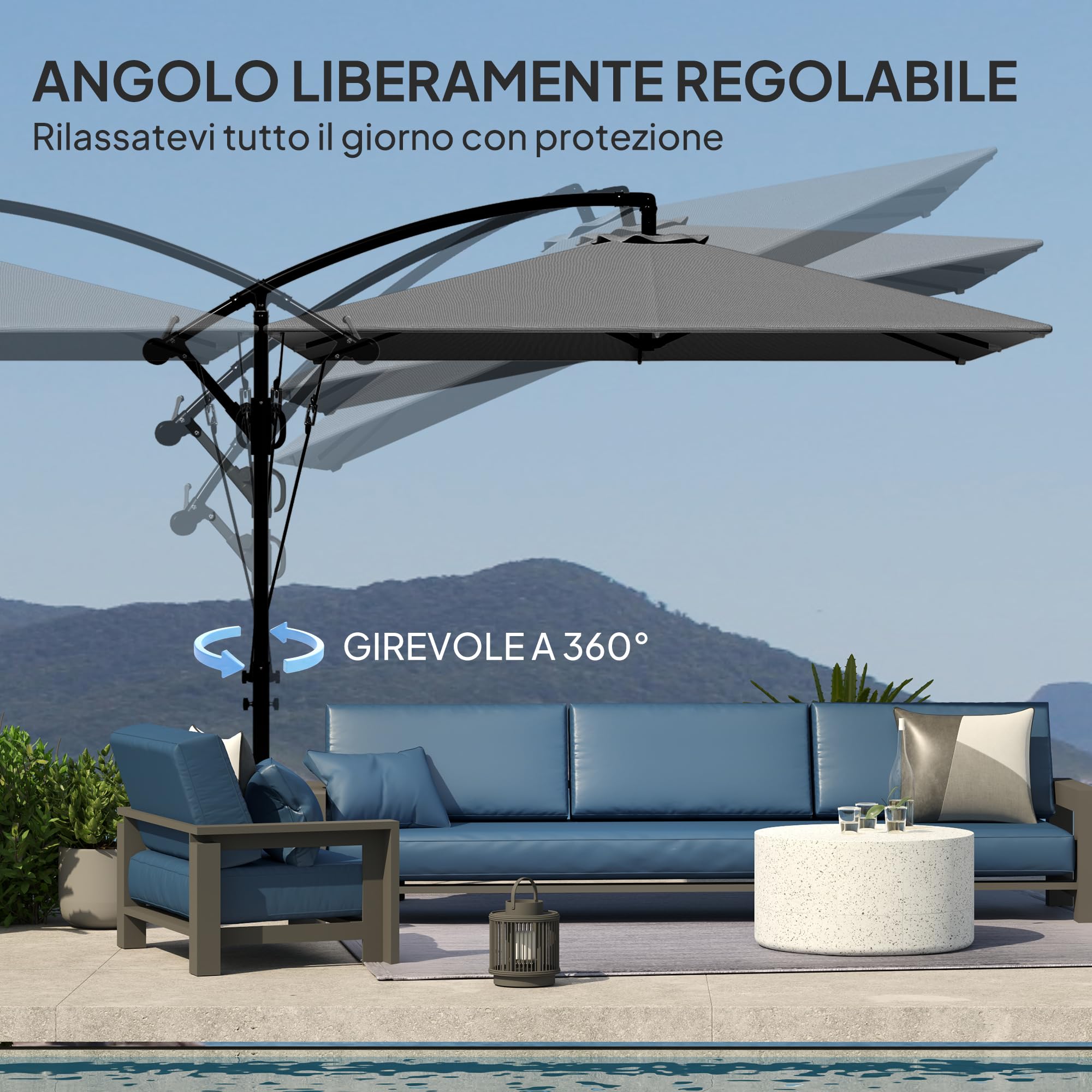 Outsunny Ombrellone Decentrato 2.5x2.5 m con Copertura, Corde Antivento, Base a Croce e Manovella, Ombrellone da Giardino Inclinabile e Girevole a 360° in Metallo e Poliestere 180 g/㎡, UV50+, Grigio