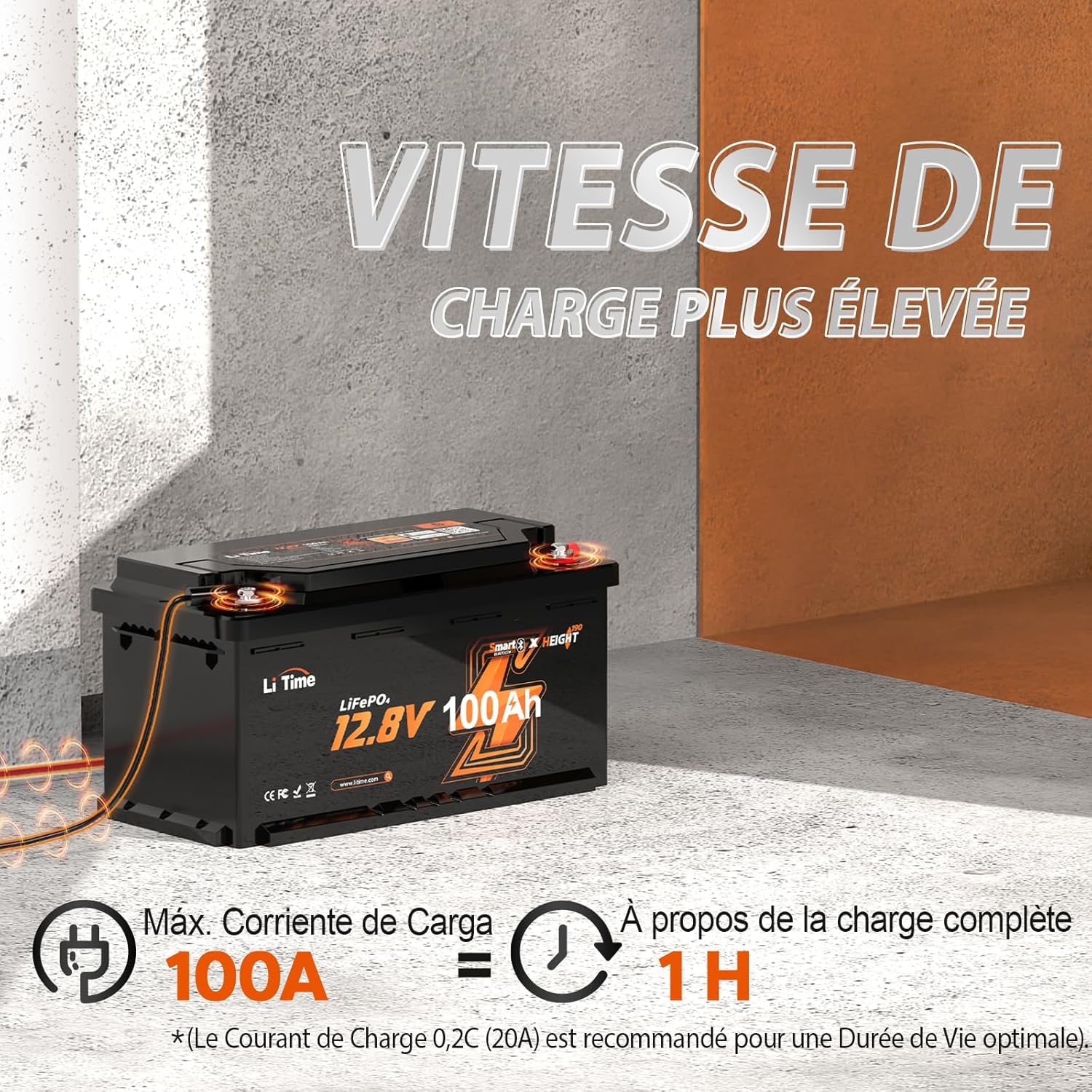 LiTime Batterie Lithium LiFePO4 12V 100Ah H190 avec Bluetooth pour Sièges de Camping-Cars: DIN H8 L5, 4000-15000 Cycles Profonds, Énergie 1280Wh, sans Entretien pour Caravane, RVs, Système Solaire