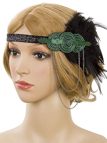 Miniatura 2 de Vijiv Vincha color oro y negro clásica de los años 1920,Vincha estilo Gran Gatsby., talla única , Verde