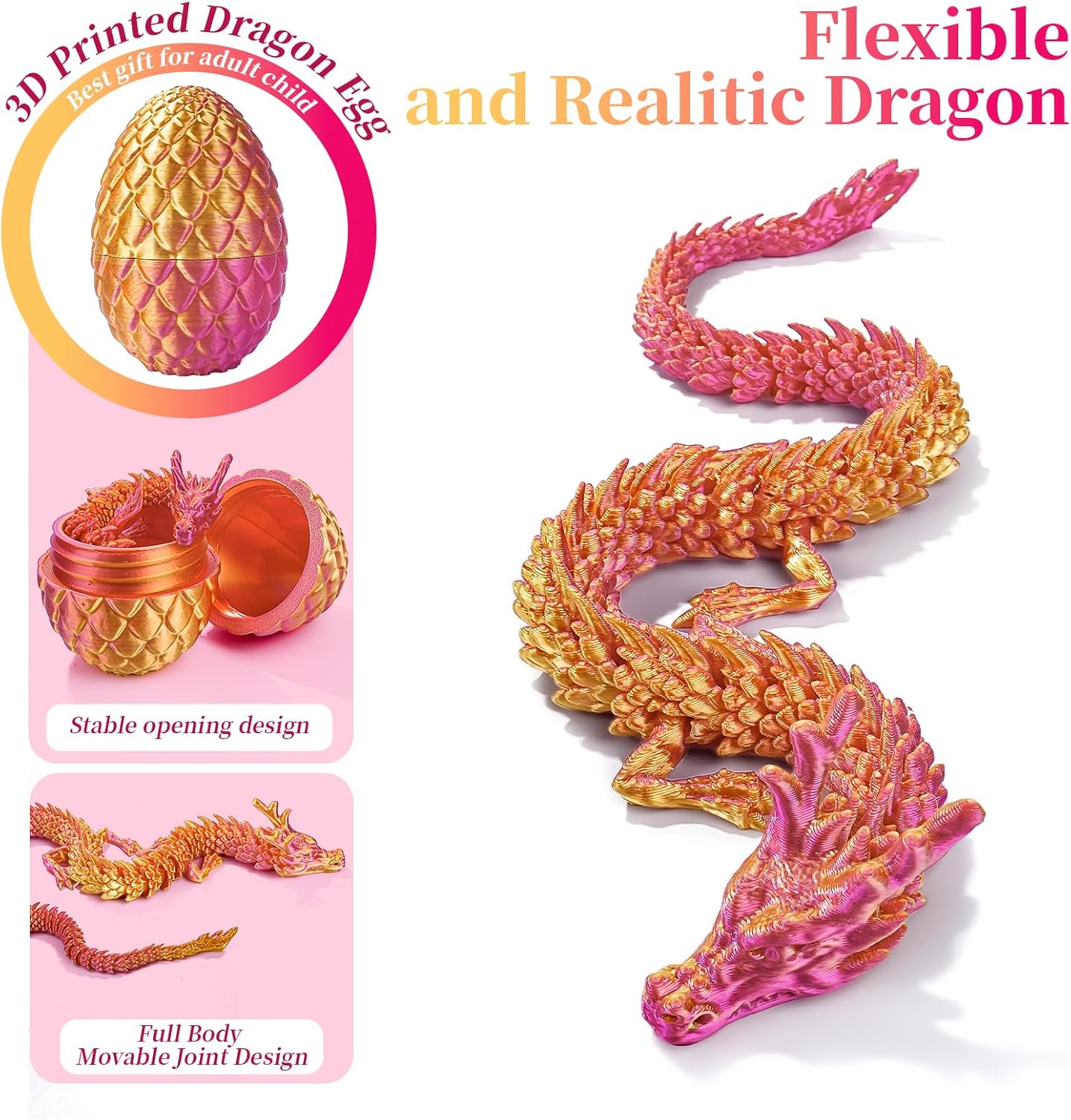 3D Printed Dragon Egg with Dragon Inside, 12'' Full Articulated Crystal Dragon in Egg Desk Toys, Adults Fidget Animals Toys for Autism ADHD Gift（Laser Red）