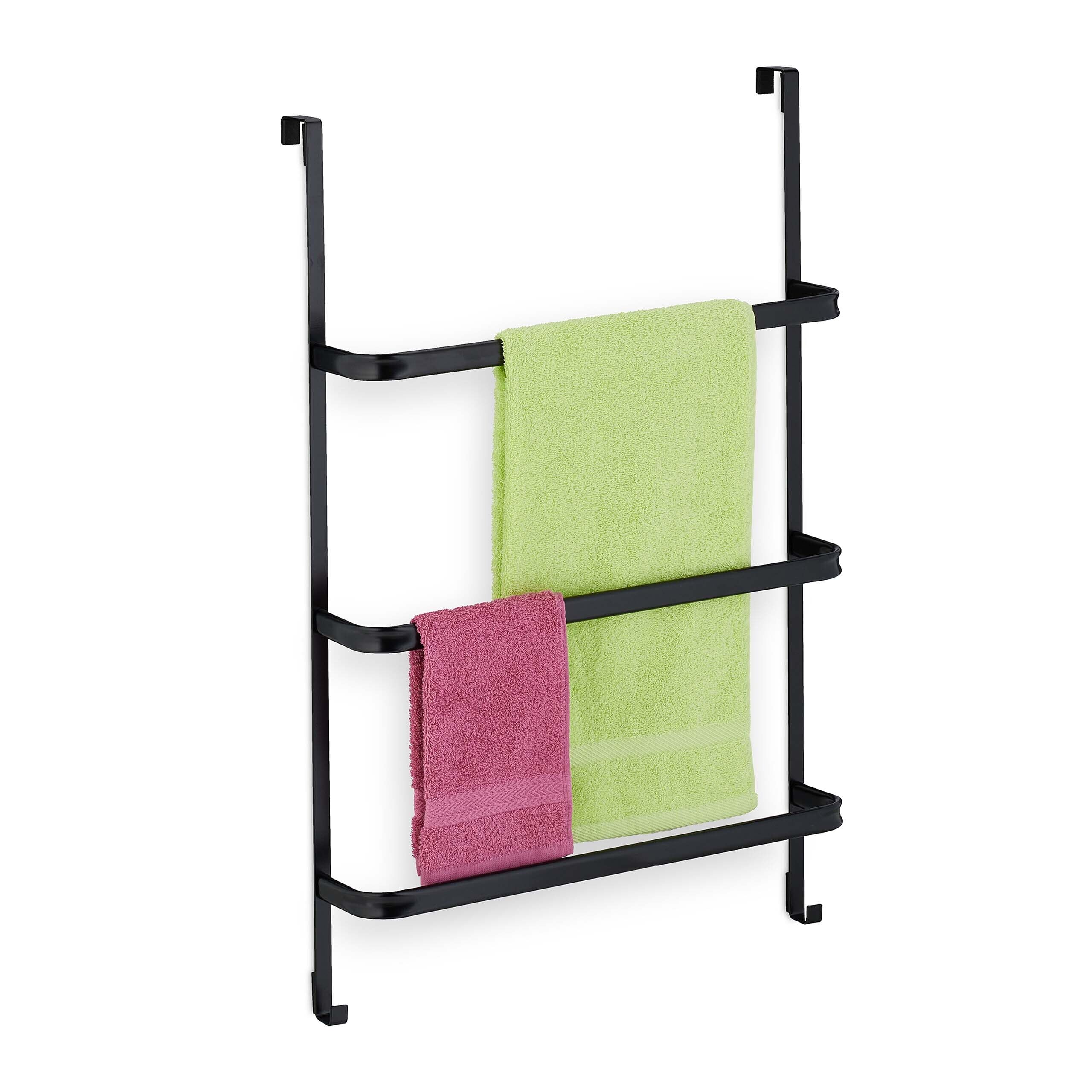 Relaxdays Portasciugamani da Porta, Senza Trapano, 3 Aste e 2 Ganci, HLP: 85 x 54,5 x 15 cm, Appendi Asciugamani, Nero