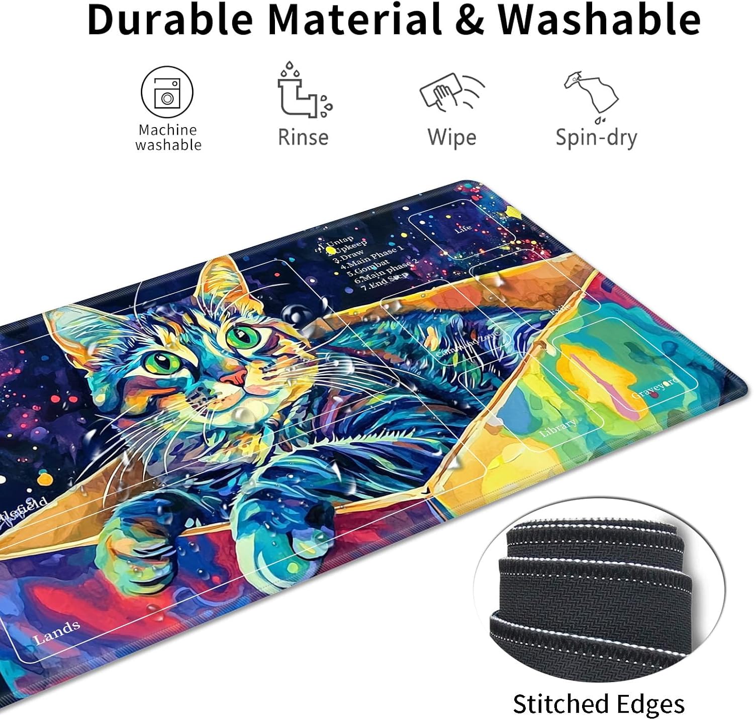 Playmat for MTG Cards Game Mat with Non-Slip Rubber Base Stitched Field Rules Zones Play Mat Desk Mats with Cat Size 24 x 14 inch Mousepad for MTG TCG Card Game Playing for Beginner