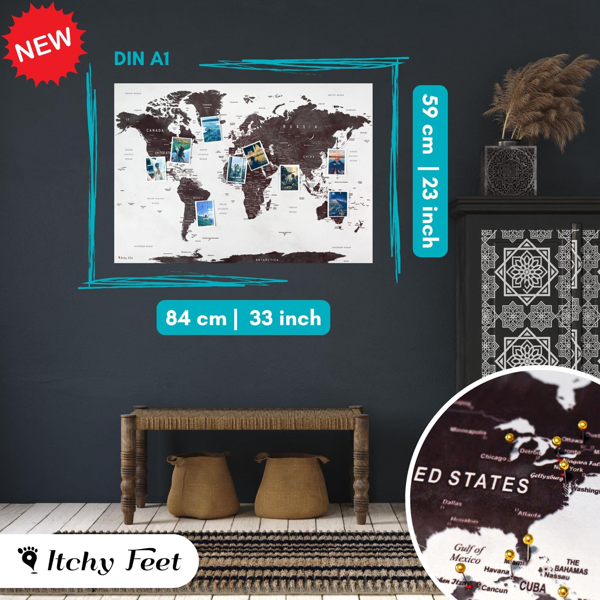 ITCHY FEET XL Weltkarte als Pinnwand | Reiseziele und Urlaub pinnen | Landkarte auf samtigem Polyestergewebe in Grau | DIN A1 84 x 59 cm, inkl. 50 Pins