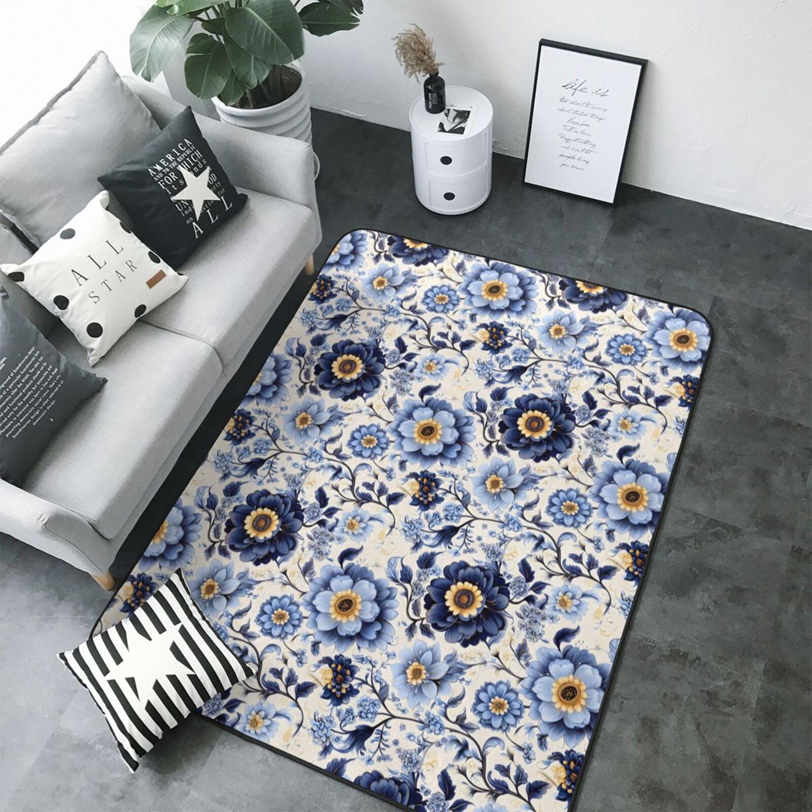 Tapis de salon bleu encre 123x177 cm lavable et antidérapant pour chambre et bureau