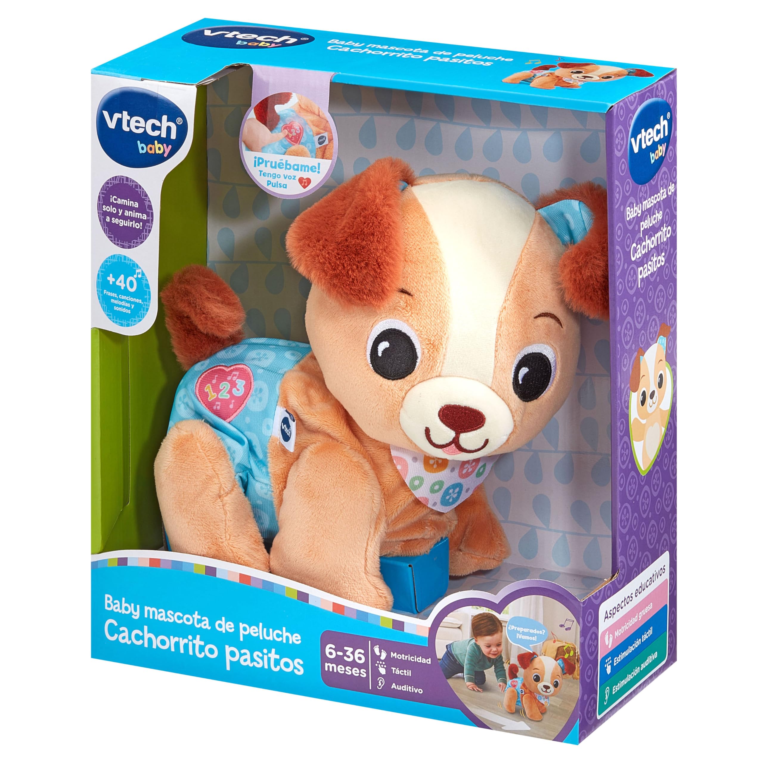 VTech-Baby Mascota de Peluche Cachorrito Pasitos, Juguete Educativo Bebés +9 Meses, Peluche Interactivo Que Anima a Gatear, Luces, Canciones, Sonidos y Texturas, Versión ESP