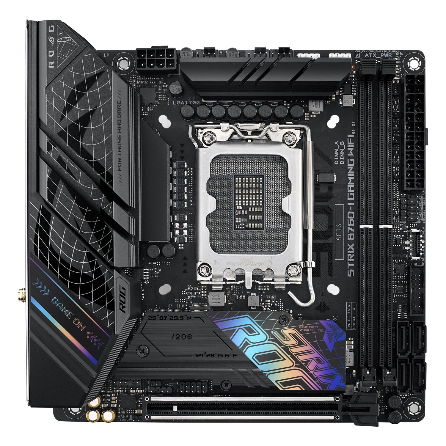 ASUS ROG Strix B760-I Gaming WiFi - Placa Base Intel B760 (LGA 1700 Mini ITX, 8+1 DrMOS, DDR5 hasta 7600 MT/s, PCIe 5.0, Dos Ranuras M.2, WiFi 6E, USB 3.2 Gen 2x2 Type-C y Aura Sync RGB), Negro — view 7