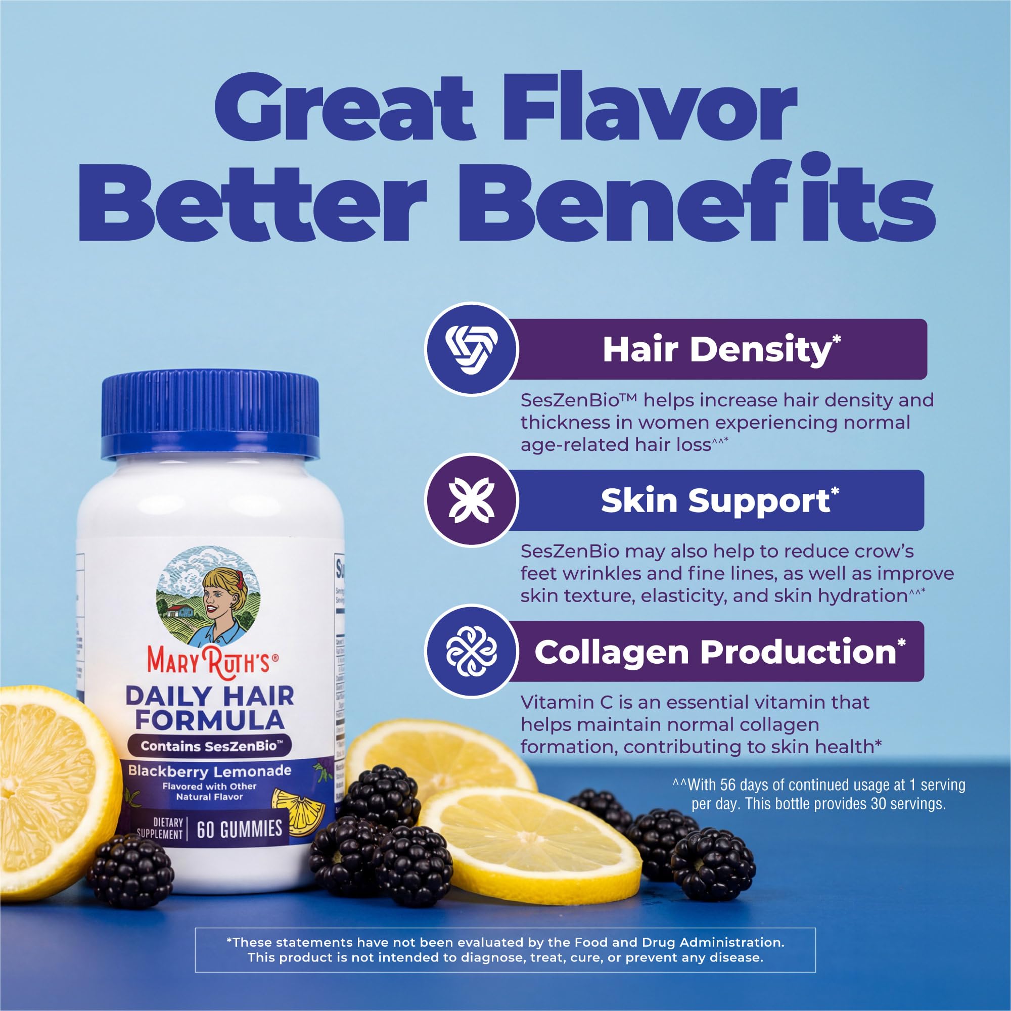 MaryRuth's Daily Hair Formula Gummies | with 500 mg SesZenBio + 2,500 mcg Biotin | Thicker, Denser Hair for Women | Vitamins A & C | Hair, Skin, & Nail Health | Collagen Production | 60 ct — Amazon image 4