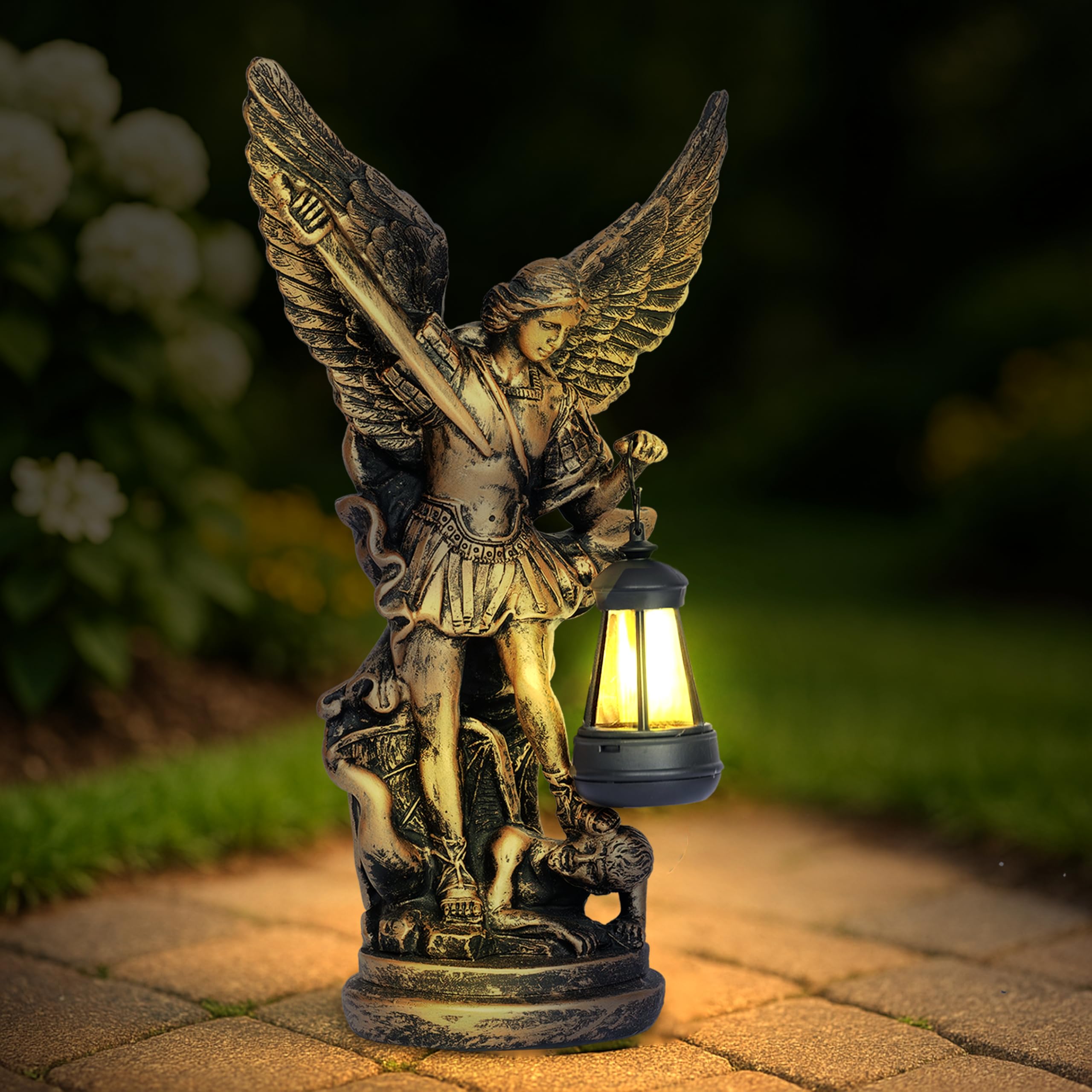 Solar San Miguel Arcangel - Estatuas de decoración de jardín al aire libre, 12.4 pulgadas, satue solar de San Miguel Arcángel para patio, césped, porche, decoración de resina, figura de San Miguel