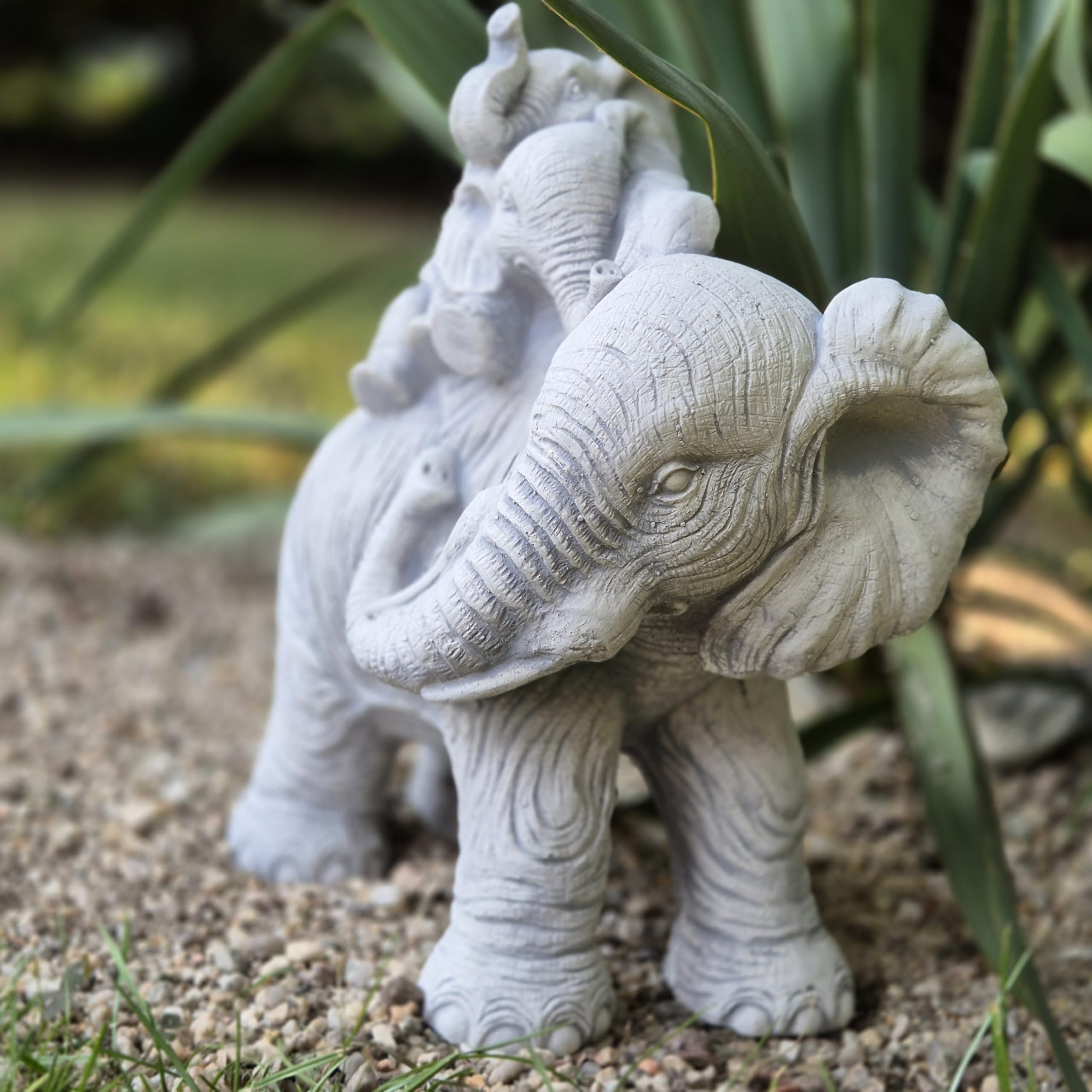 FABRIQ Słoń matki z dwoma słoniami dla niemowląt – realistyczna figurka ogrodowa z odpornego na warunki atmosferyczne odlewu kamiennego, waga 5,6 kg, wysokość 26 cm