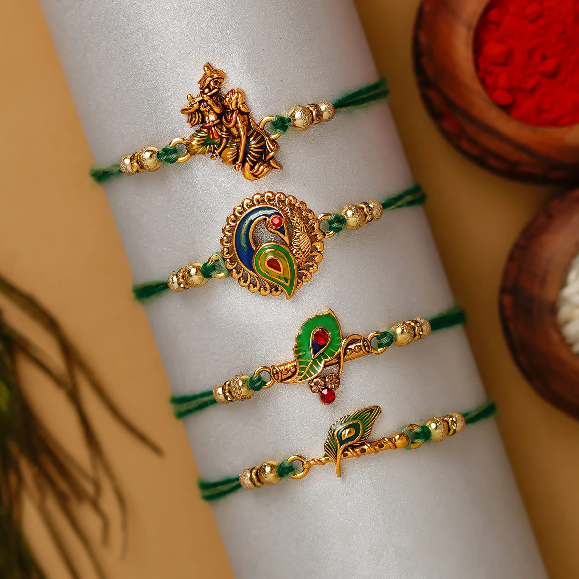 eCraftIndia Set of 4 Multicolor Radha Krishna Playing Flute, Peacock, Krishna Flute, Peacock Feather Designer Religious Rakhis with Roli Chawal Pack and Best Bro Ever Fridge Magnet - Rakhi for Brother