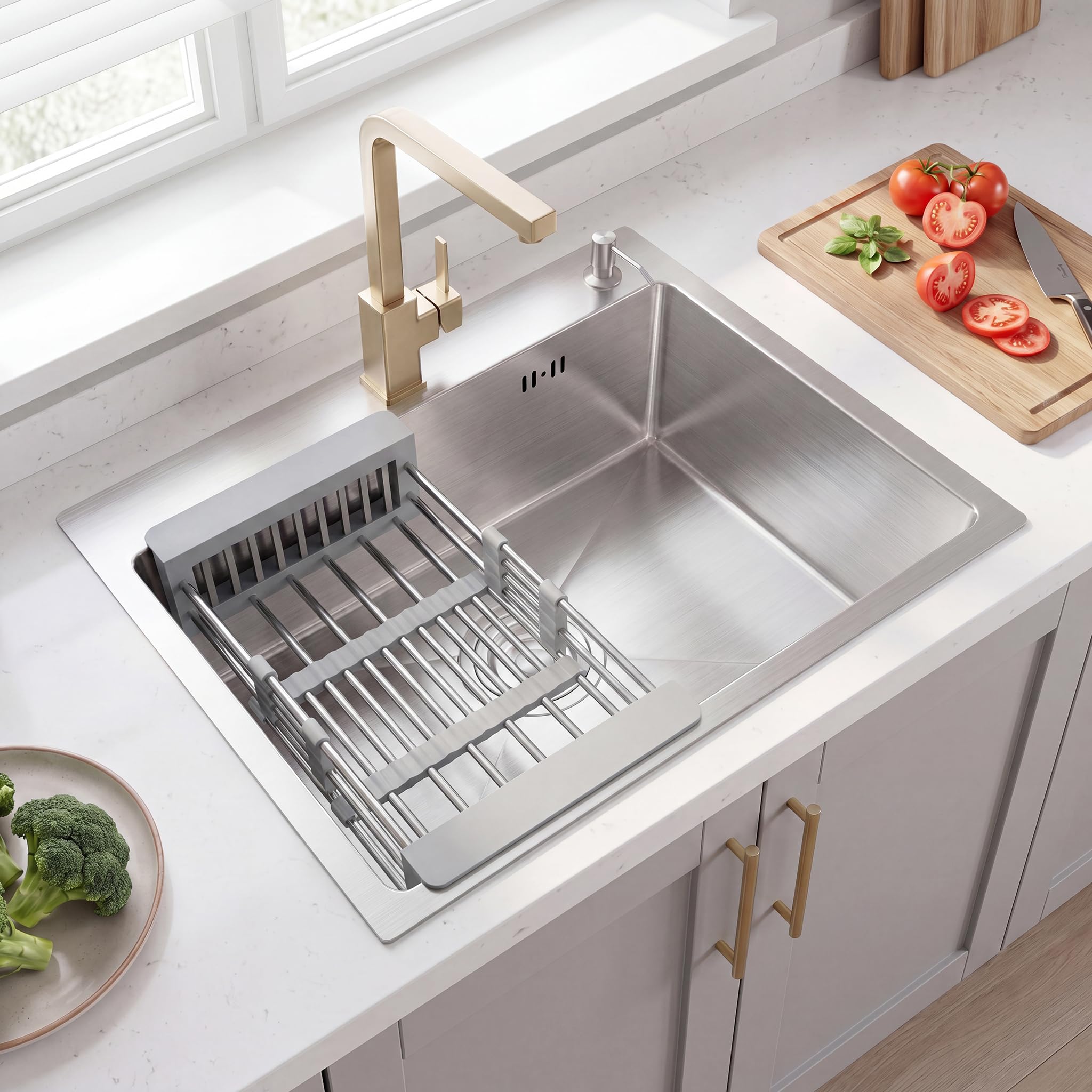 Évier Cuisine 1 Bac 55 x 45 cm, STANEW Évier Encastrable, Trous pour Robinets et Distributeur de Savon et panier télescopique, Argent
