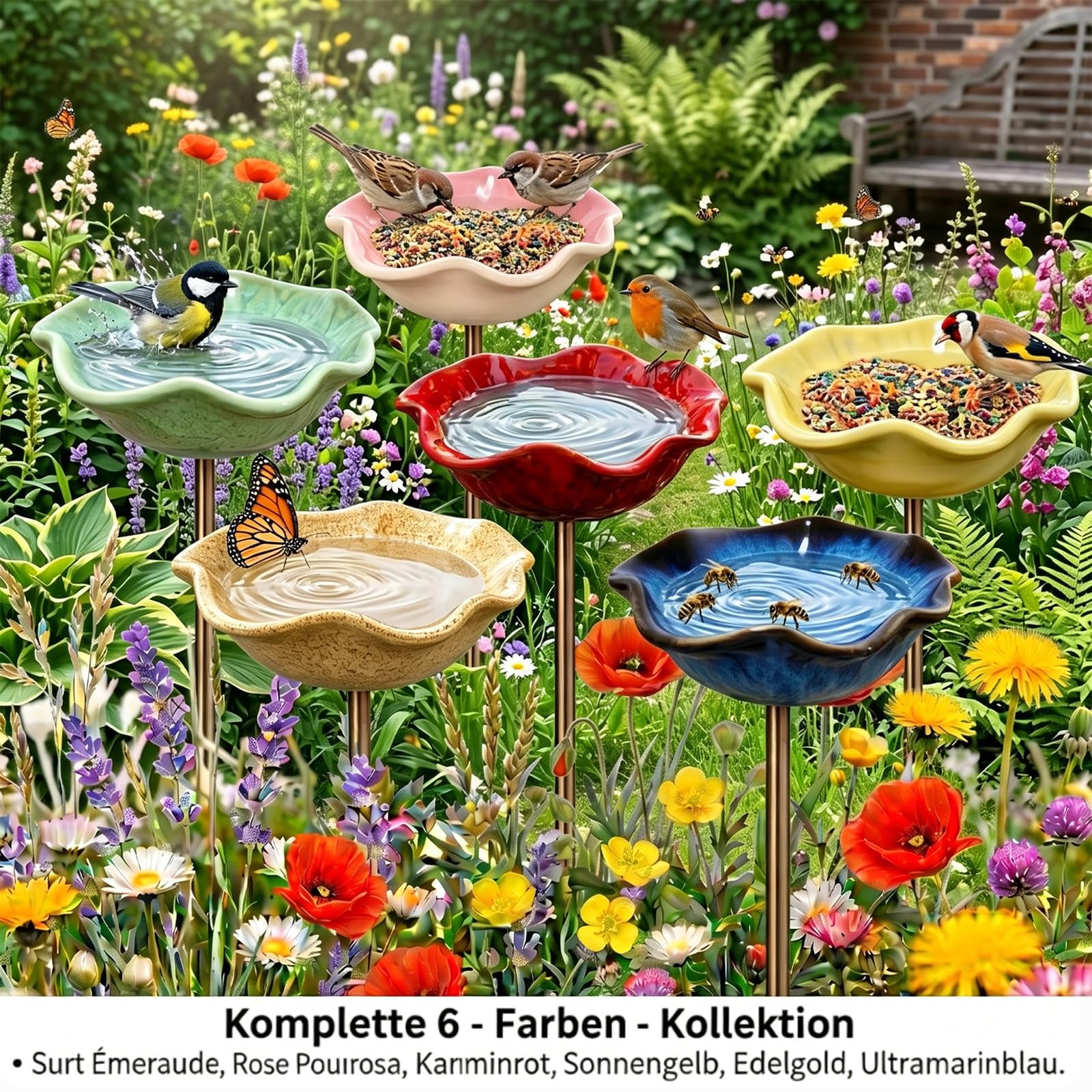 Bienentränke Keramik Blume & Vogeltränke Stehend - Gartendeko für Draußen Wetterfest, Insektentränke Garten für Wildvögel, Bienen & Schmetterlinge (Sechsteiliges Set)