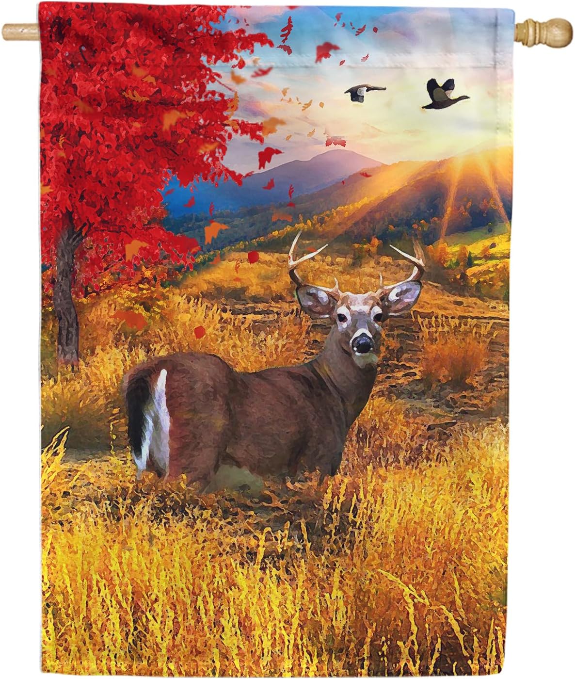 America Forever Whitetail Deer House Flag,28 x 40 inches Double Sided,Autumn,Fall Leaves and Wildlife Scene,Seasonal Decorative Outdoor Flags for Yard,Lawn,Decor