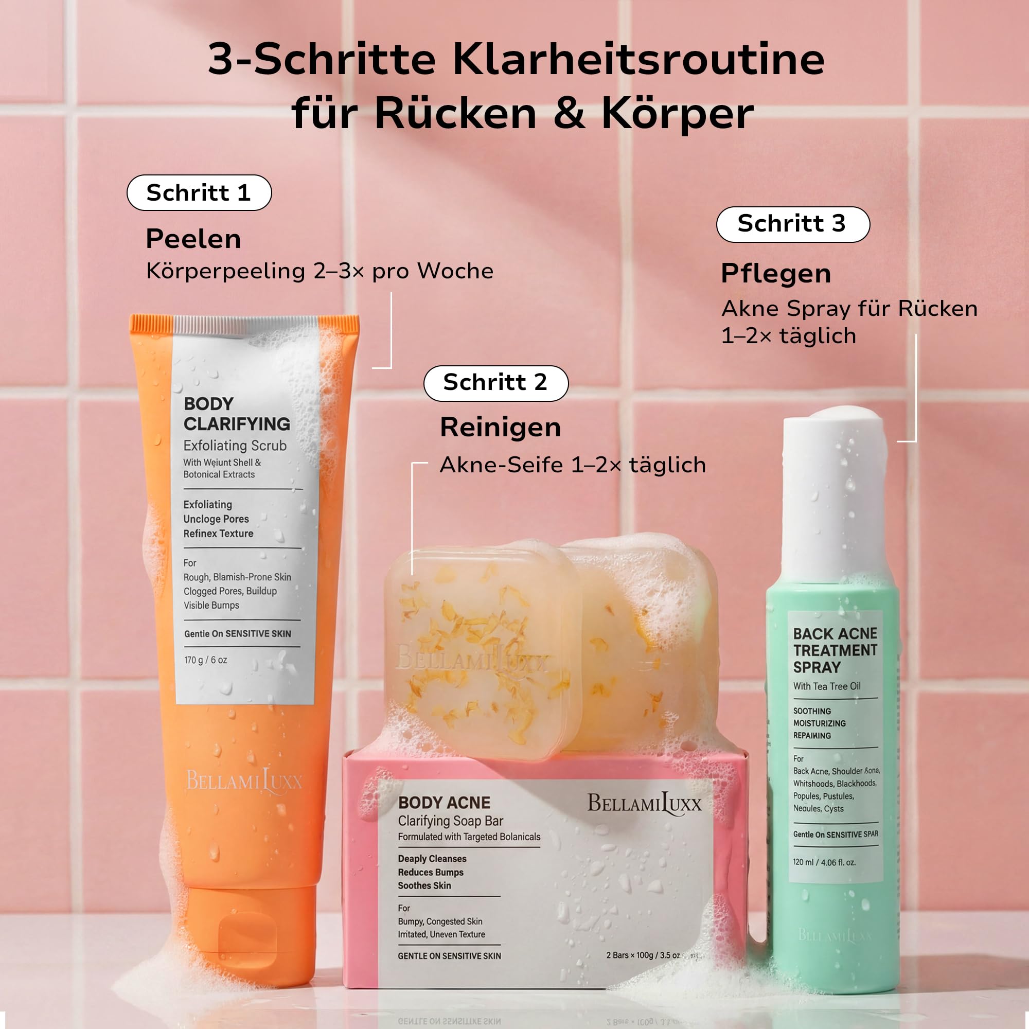 BellamiLuxx 3-stufiges Rücken- & Körper-Aknepflege-Set – Seifenstück, Peeling & Rücken-Spray – Für unreine Haut an Rücken, Brust & Schultern – Hilft bei Pickeln, verstopften Poren & Hautunebenheiten