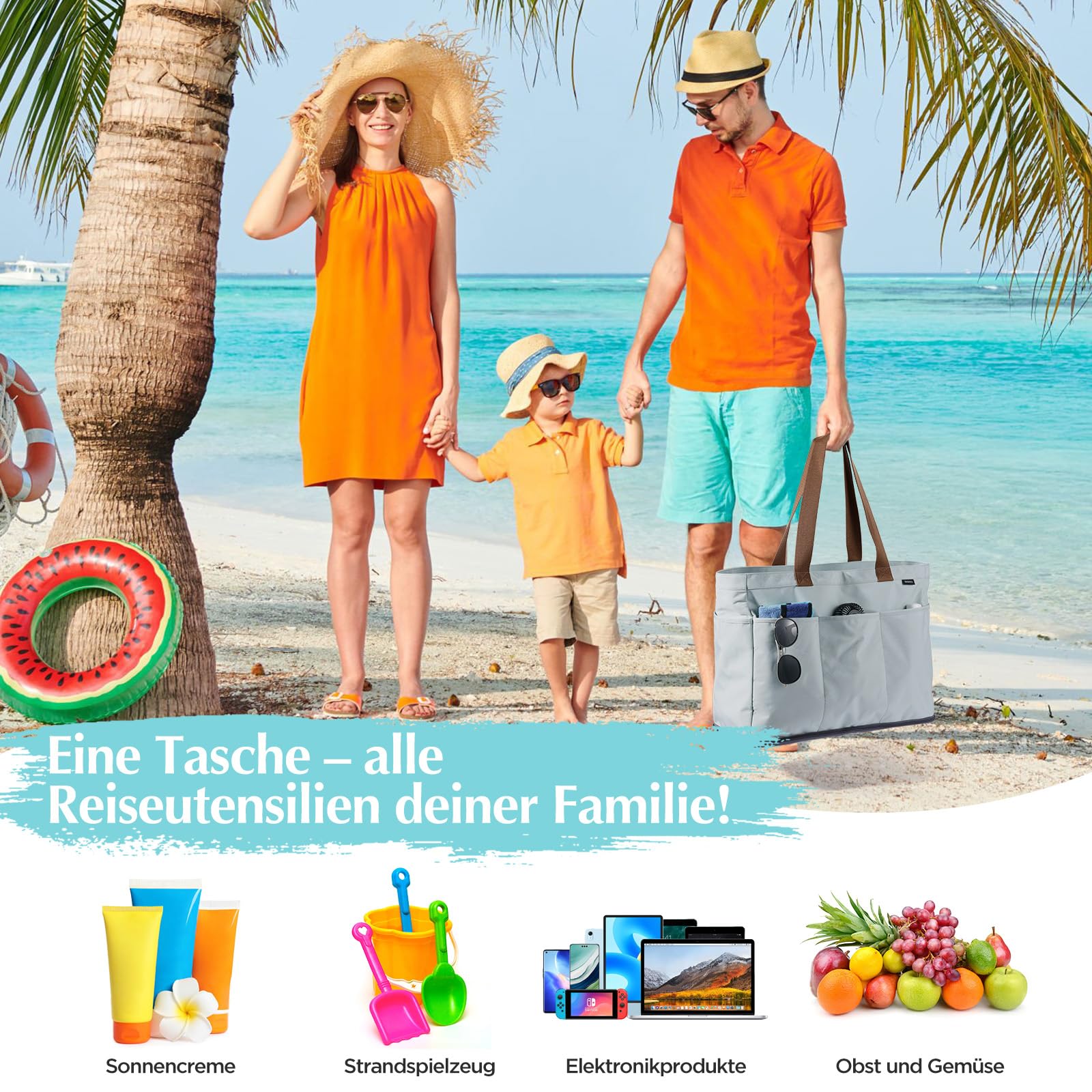 GAGAKU Strandtasche XXL mit Kühlfach, Wasserfest Beach Bag mit Reißverschluss, Faltbar, 50x38x19cm