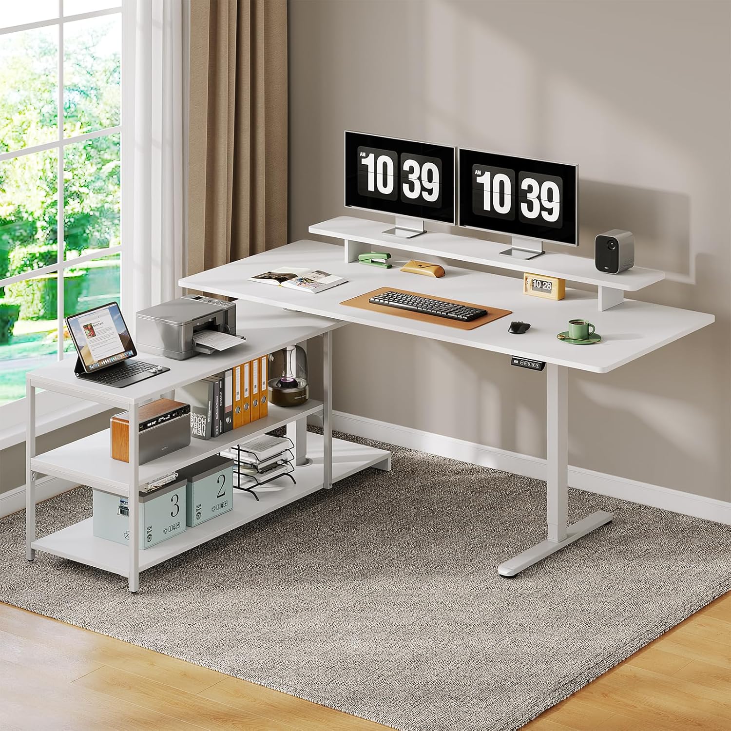 Standing Desk with File Cabinet, 63x24'' L Shaped Electric Stand Up Desk with Adjustable Monitor Shelf, Adjustable Height 28-46'' for Home and Computer Workstation, White