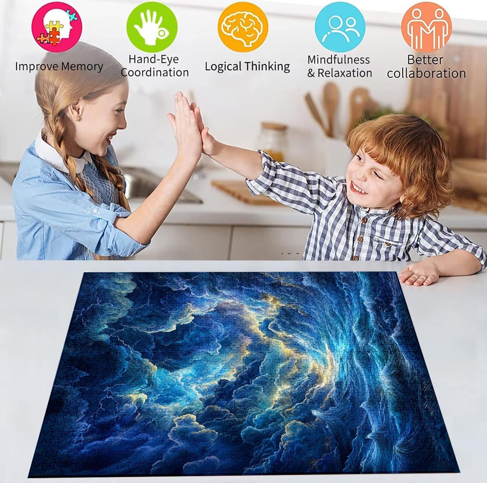 Puzzle 2000 Teile Blau Puzzle Erwachsene, Holzpuzzle für Erwachsene und Teenager, Klassische Puzzles Wolke Jigsaw Puzzles, DIY Groß Puzzelmatten 100x70cm, Wand Dekor oder Weihnachten Geschenk H-2336