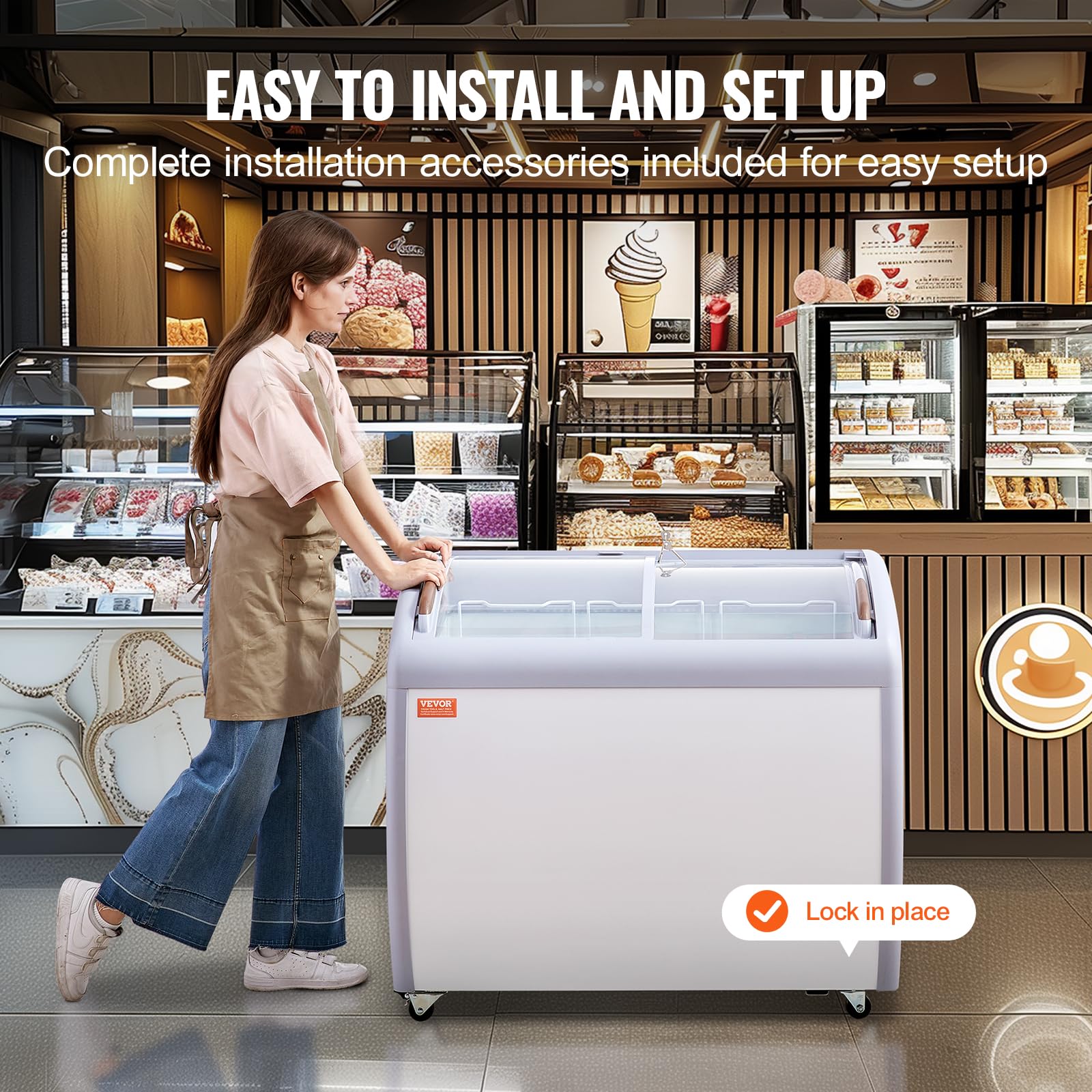 VEVOR Vetrina per Gelato Commerciale 990 x 705 x 875 mm Congelatore Mobile 264 L Vetrina per Gelateria con Piano Vetro, 3 Cestelli Metallici, 2 Porte Scorrevoli in Vetro, Ruote di Bloccaggio, Bianco