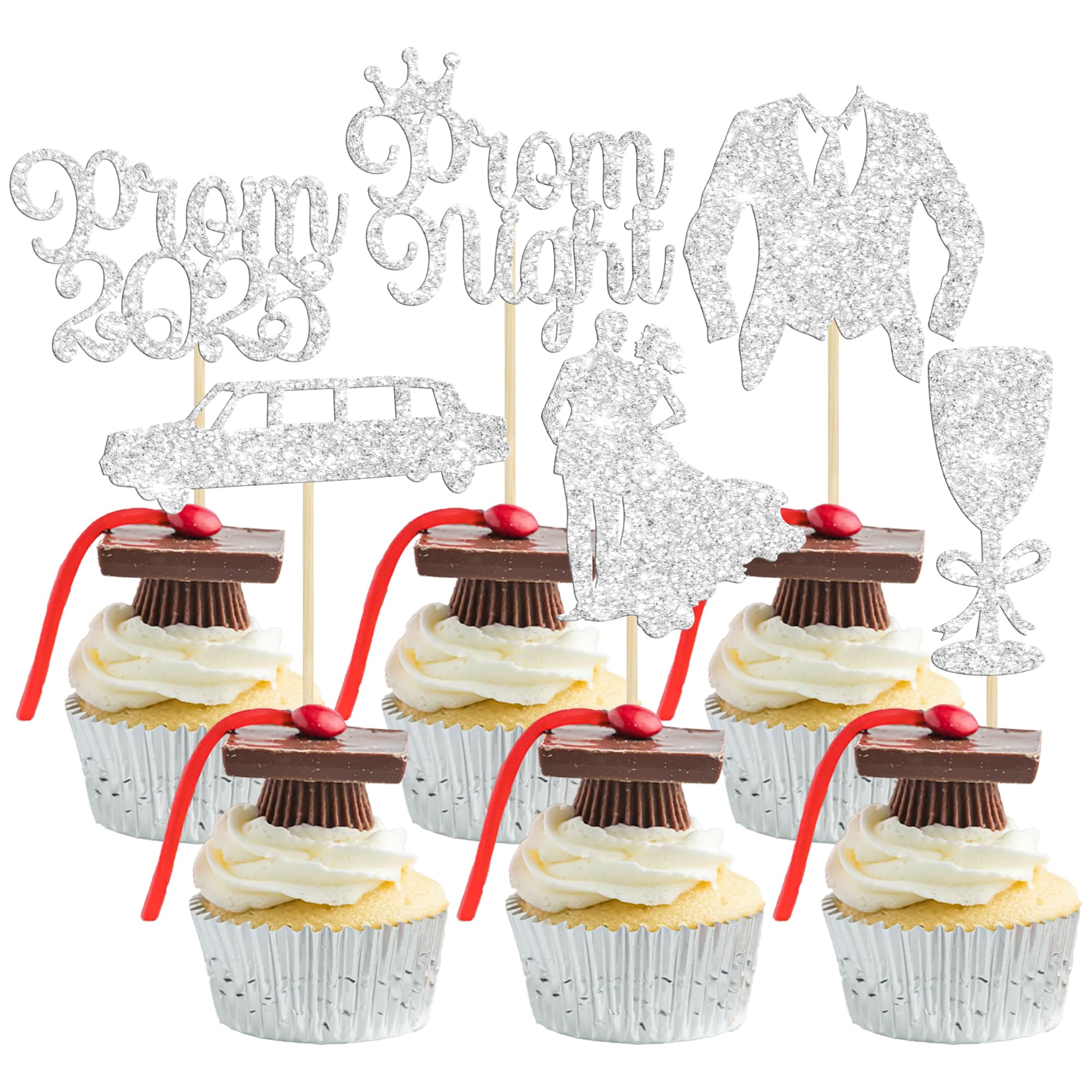 Gyufise 24Pcs Prom Cupcake Topper 2026 Prom Graduation Cake Topper 2026 Grad Decorations Class of 2026 College Party Decorations Silver