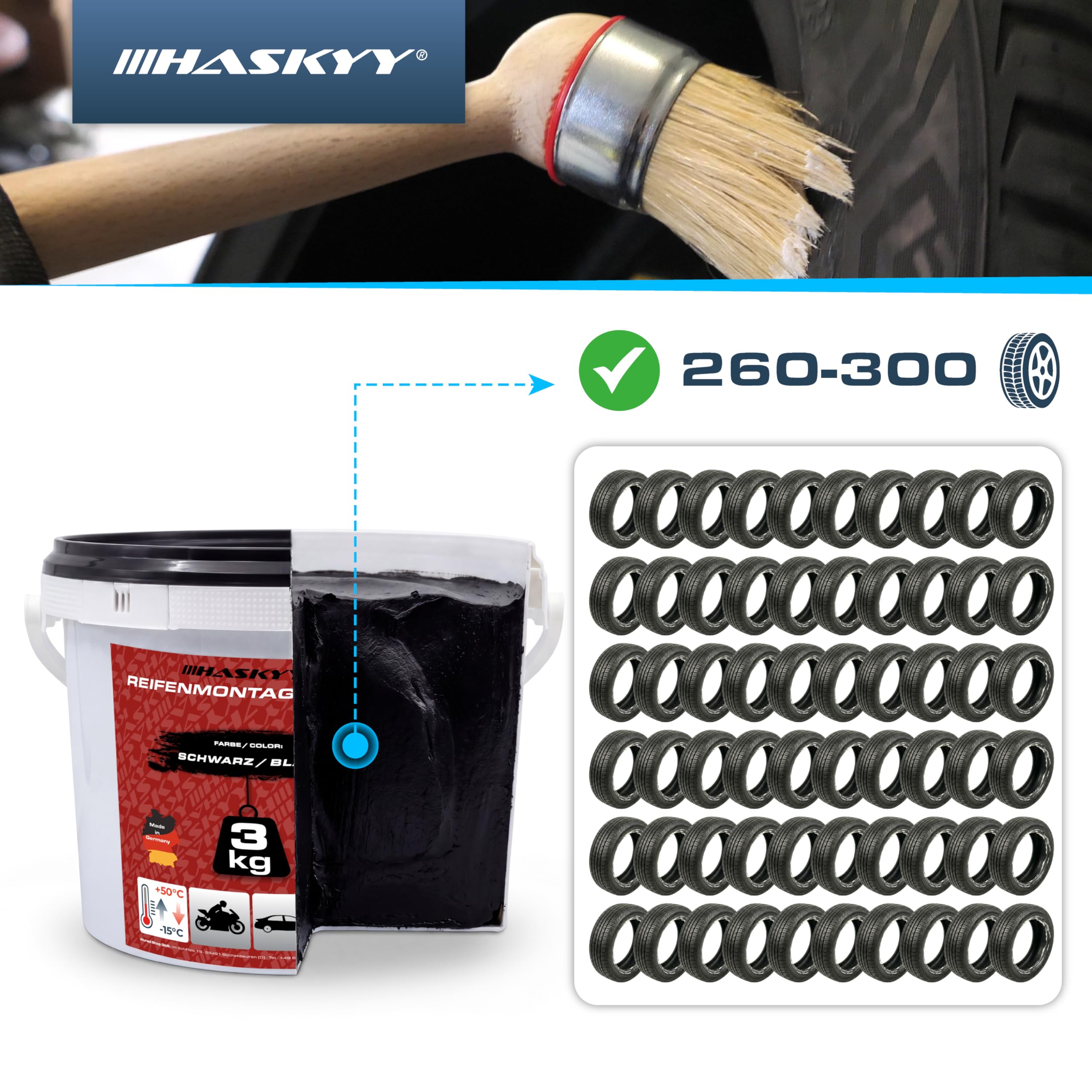 HASKYY Pasta do Montażu Opon 3kg Czarna Uniwersalna Zestaw Montażowy do Opon z Pędzlem, Wykręcakiem Zaworów, Skrobakiem i Wciągaczem Zaworów - Akcesoria Opon