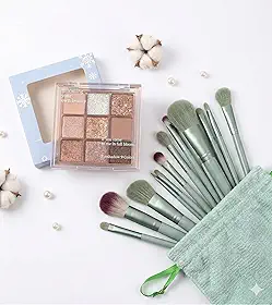 Kit Maquiagem Completo: Paleta de Sombras 9 Cores Nude e Glitter + Jogo 13 Pincéis Profissionais Macios com Estojo Bag - Tons Terrosos e Cintilantes tons quentes, nudes, rosados e acobreados , matte, cintilante e aquele glitter flocado/prensado , Alta Pigmentação Glow
