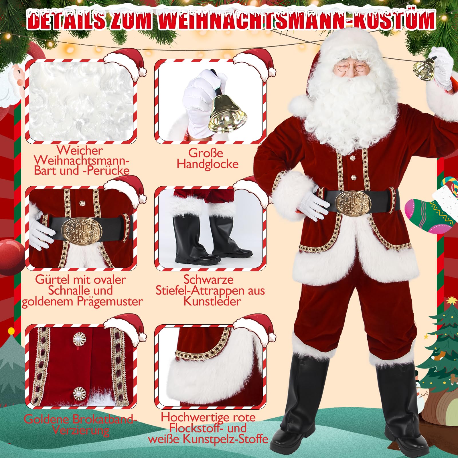 Weihnachtsmann Kostüm für Männer Deluxe professioneller Santa-Anzug für Erwachsene 11 teilig Rotes Herren Outfit Weihnachtsklaus-Suiten für Erwachsene