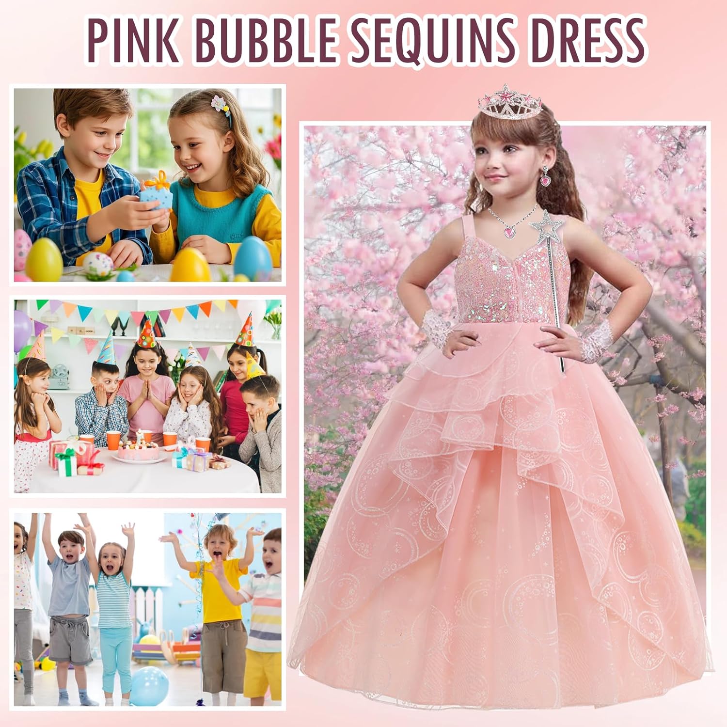 WYB Glinda Dress for Girls Pink Witch Costume for Girls Halloween Cosplay Outfits Party Dress with Accessories - Image 5