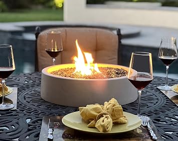 Fire Pit Bowl Tabletop Cast Stone 17-Inch, Outdoor Propane Portable Table Top Firepit Fireplace for Patio - Long-Burning, Safe, Handmade Housewarming Gift (Tan)