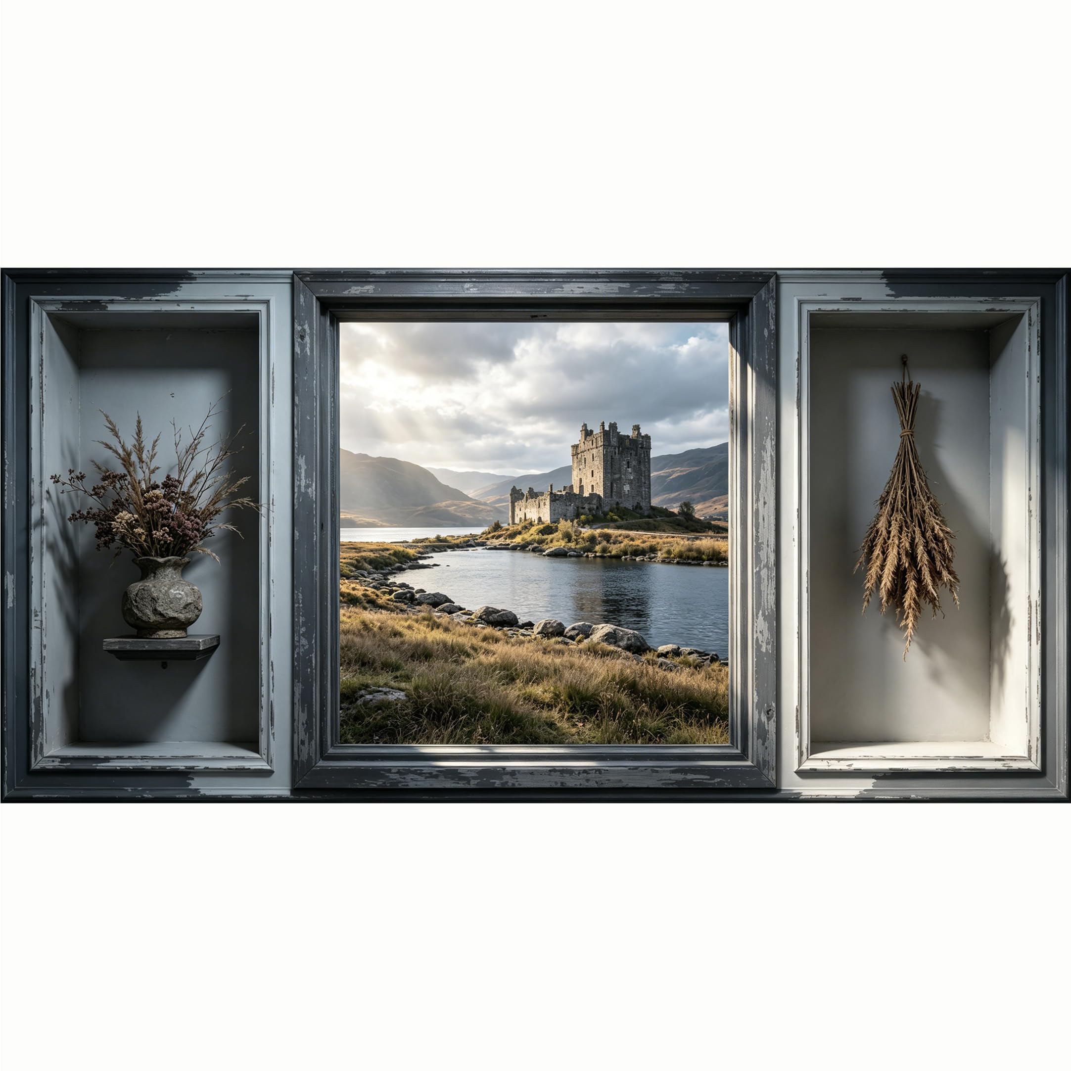 QZLITHOTIC 50x100cm 3D Framed Wall Art， Scottish Highland Lake Castle Landscape Mural， Water‑Activated Peel & Stick Fabric Decor Wall Decal for Bedroom Living Room