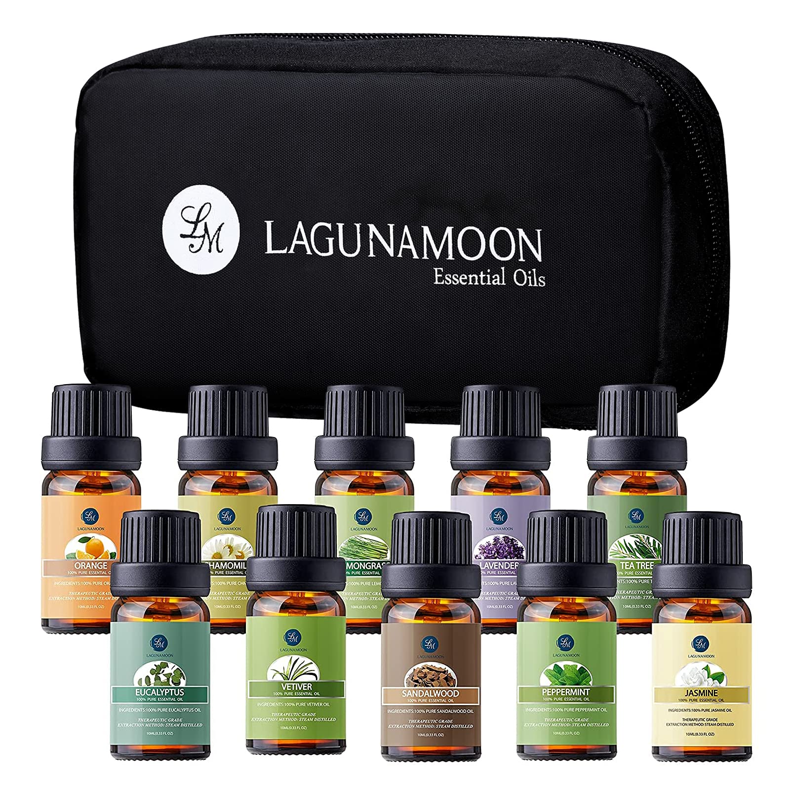 Lagunamoon Essential Oils Set Top 10 with Portable Bag, Pure