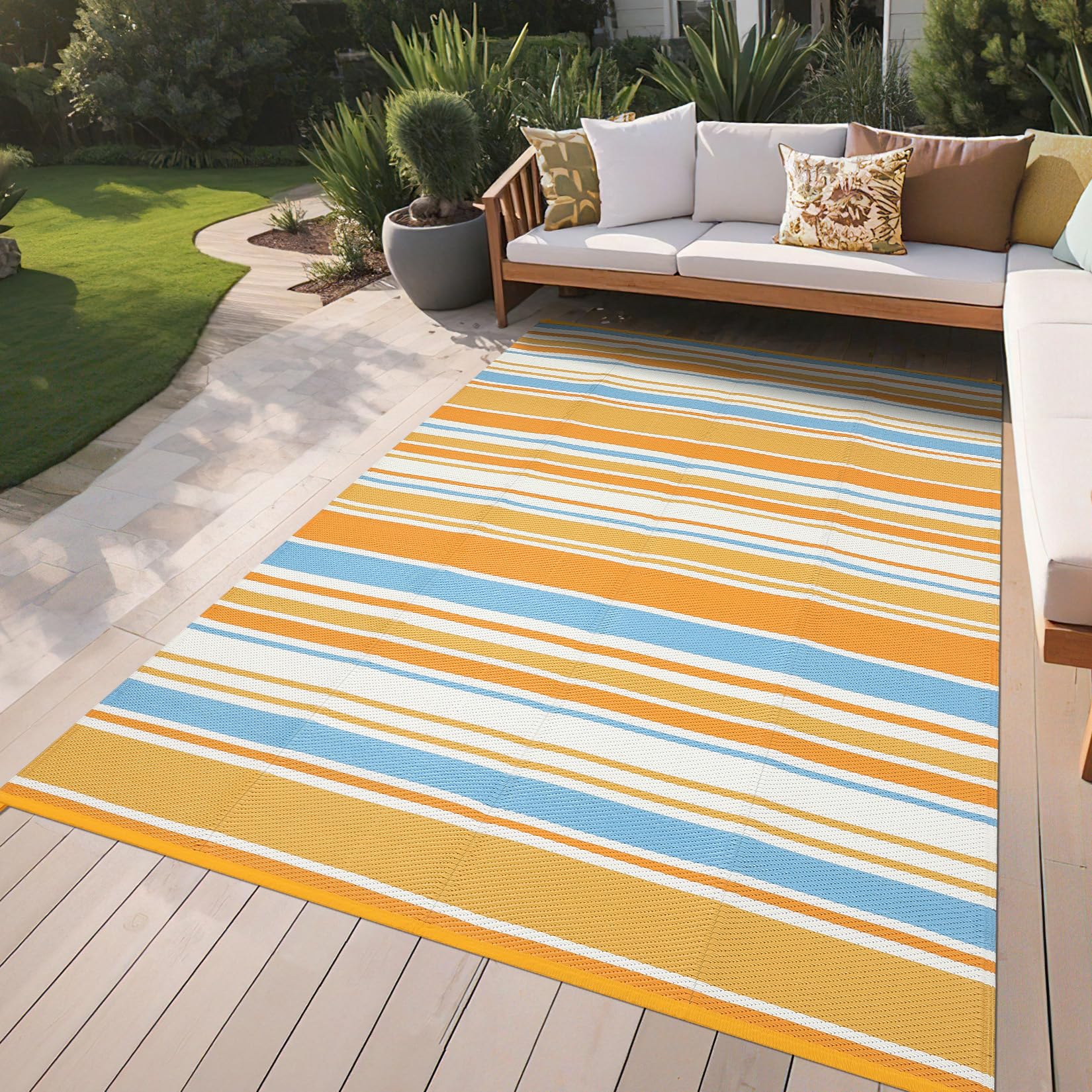 Tapis d'extérieurérieur Moderne et réversible – Résistant UV et imperméable, Paille Plastique, Facile à Nettoyer, idéal terrasse, Jardin, Plage, Camping – Bleu/Orange/Jaune/Blanc, 9x12ft