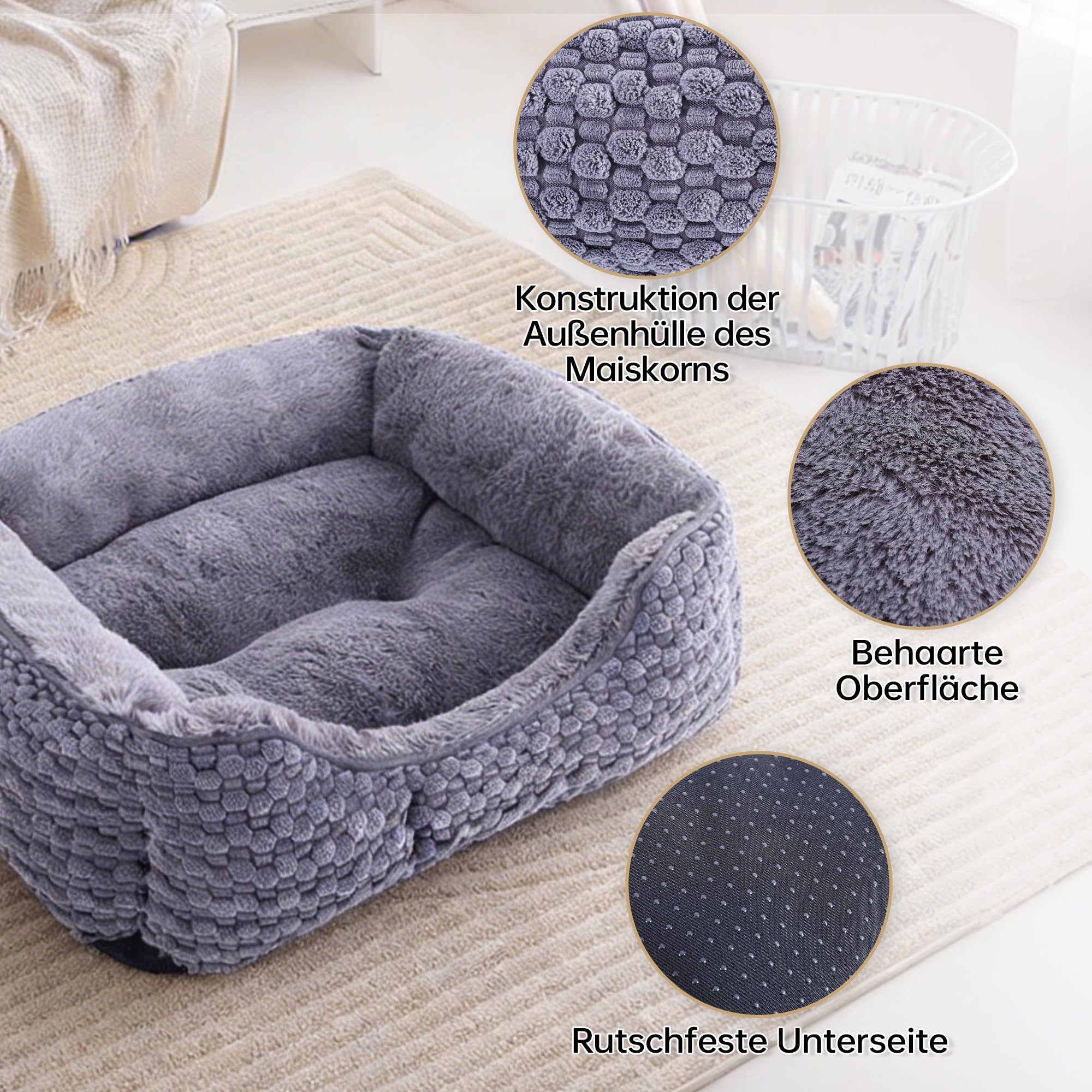 Plüsch-Hundebett, klein, dunkelgrau, maschinenwaschbar, Hundesofa mit Kissen, 51 x 48 x 15 cm, Maiskorn-Design, rutschfeste Unterseite, Dicke PP-Baumwollpolsterung