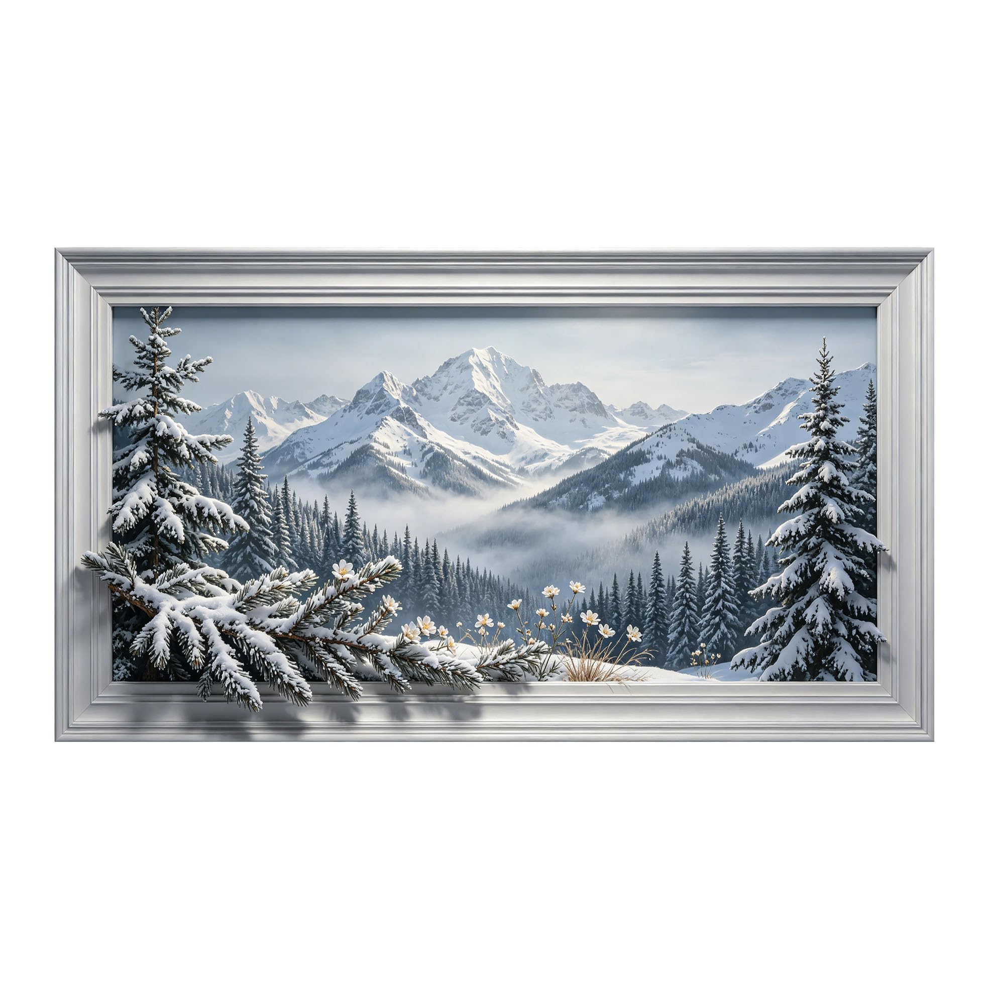 Yzpallescene 3D Framed Wall Art 50cm×100cm Snowy Mountain Alpine Forest Window View Panoramic Realistic Large Size SelfAdhesive Removable Wall Decor Prints Artwork for Living Room Bedroom Office