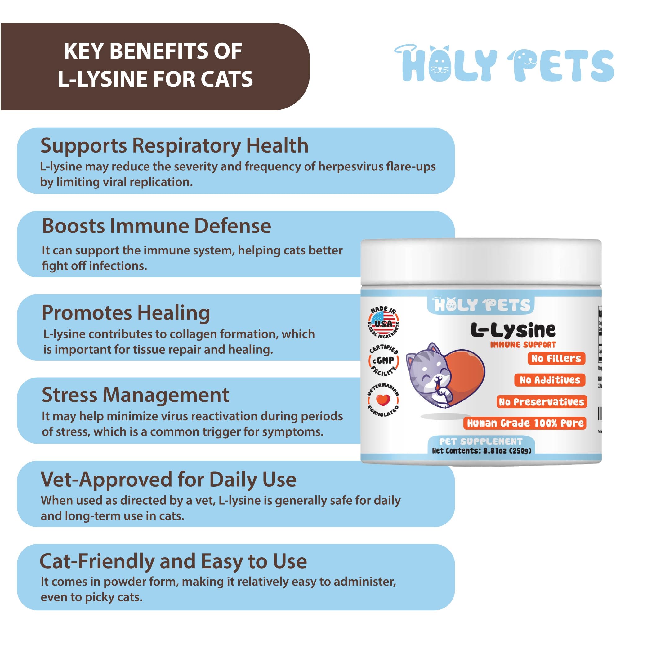 Holy Pets 100% Pure L-Lysine Powder for Cats – No Fillters, Additaves or Preservatives - 1,000mg per Scoop – Immune, Respiratory & Eye Support – Helps with Sneezing, Runny Nose & Cold Symptoms
